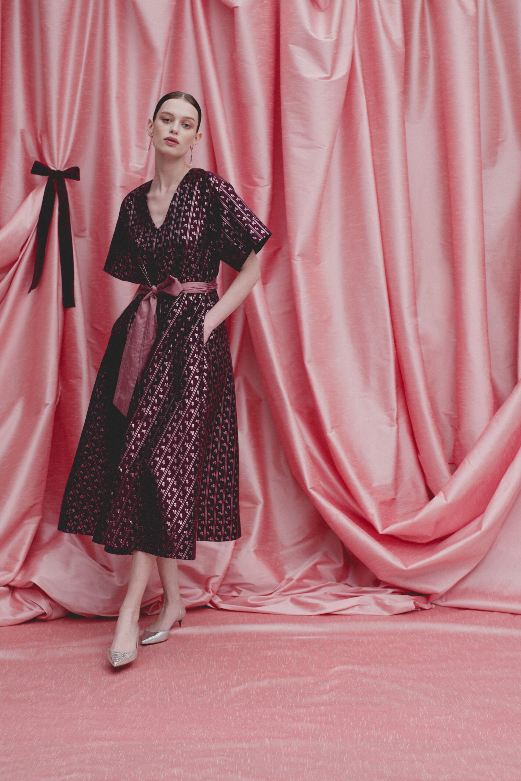 purple silk pleated midi dress