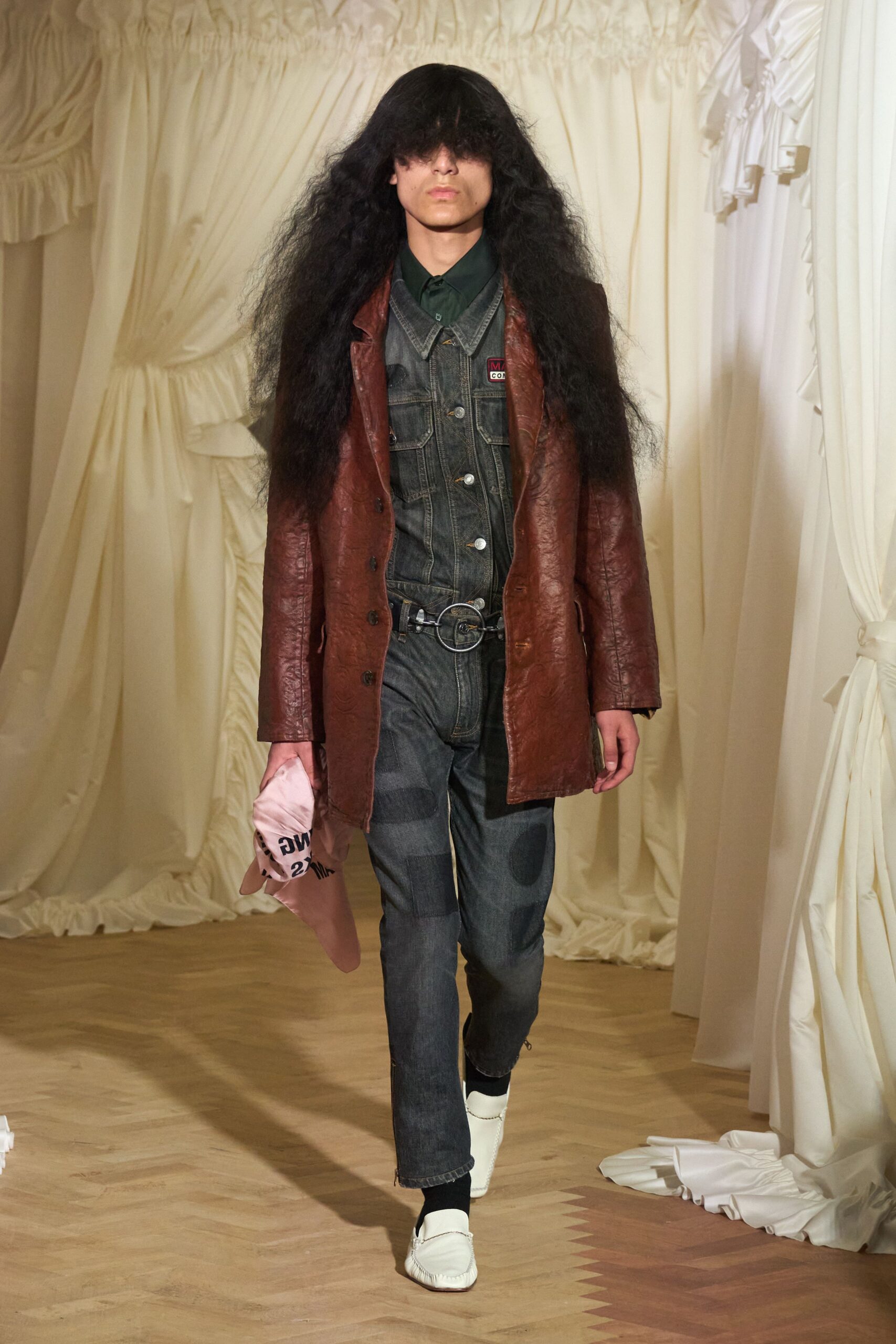 brown leather jacket with denim pants