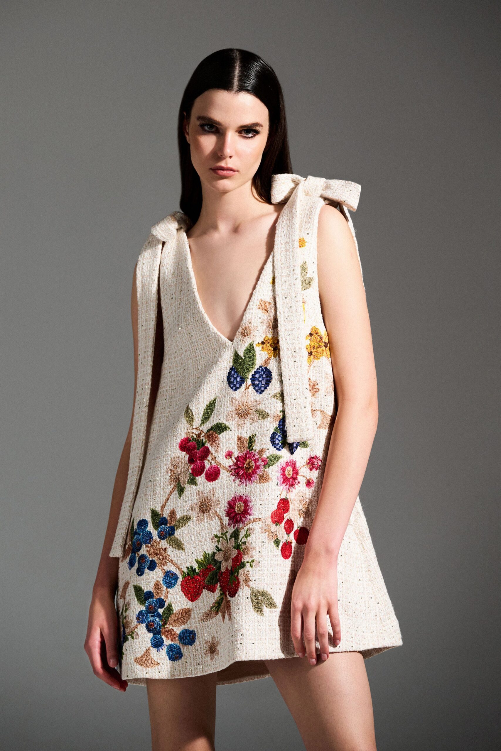 beige embroidered mini dress