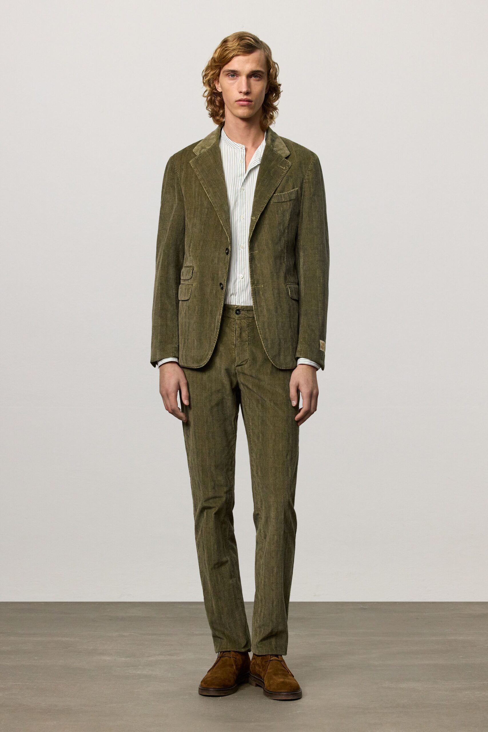 green cotton long-sleeve collared tailored striped buttoned suit