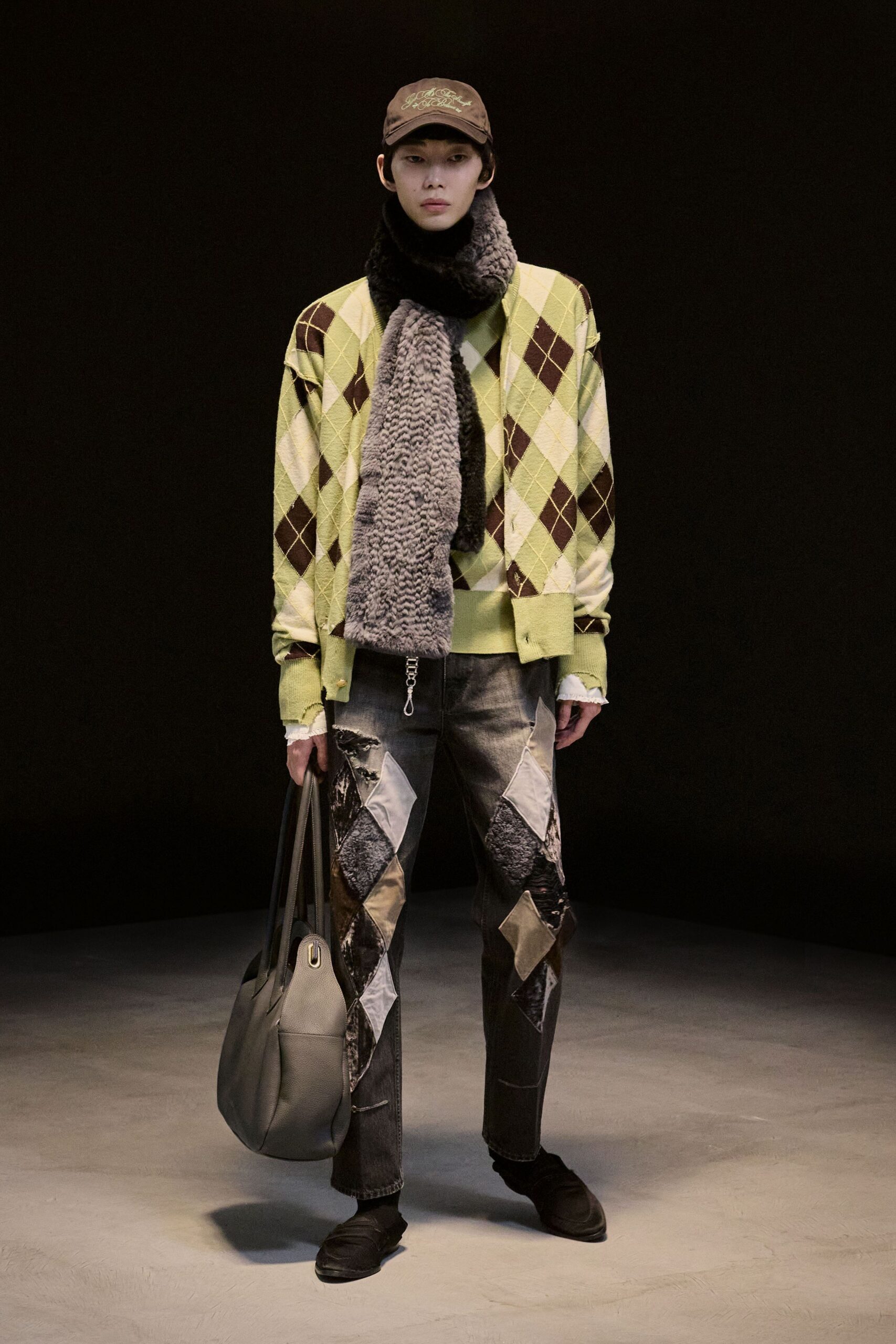 green cotton long-sleeve collared relaxed checked sweater