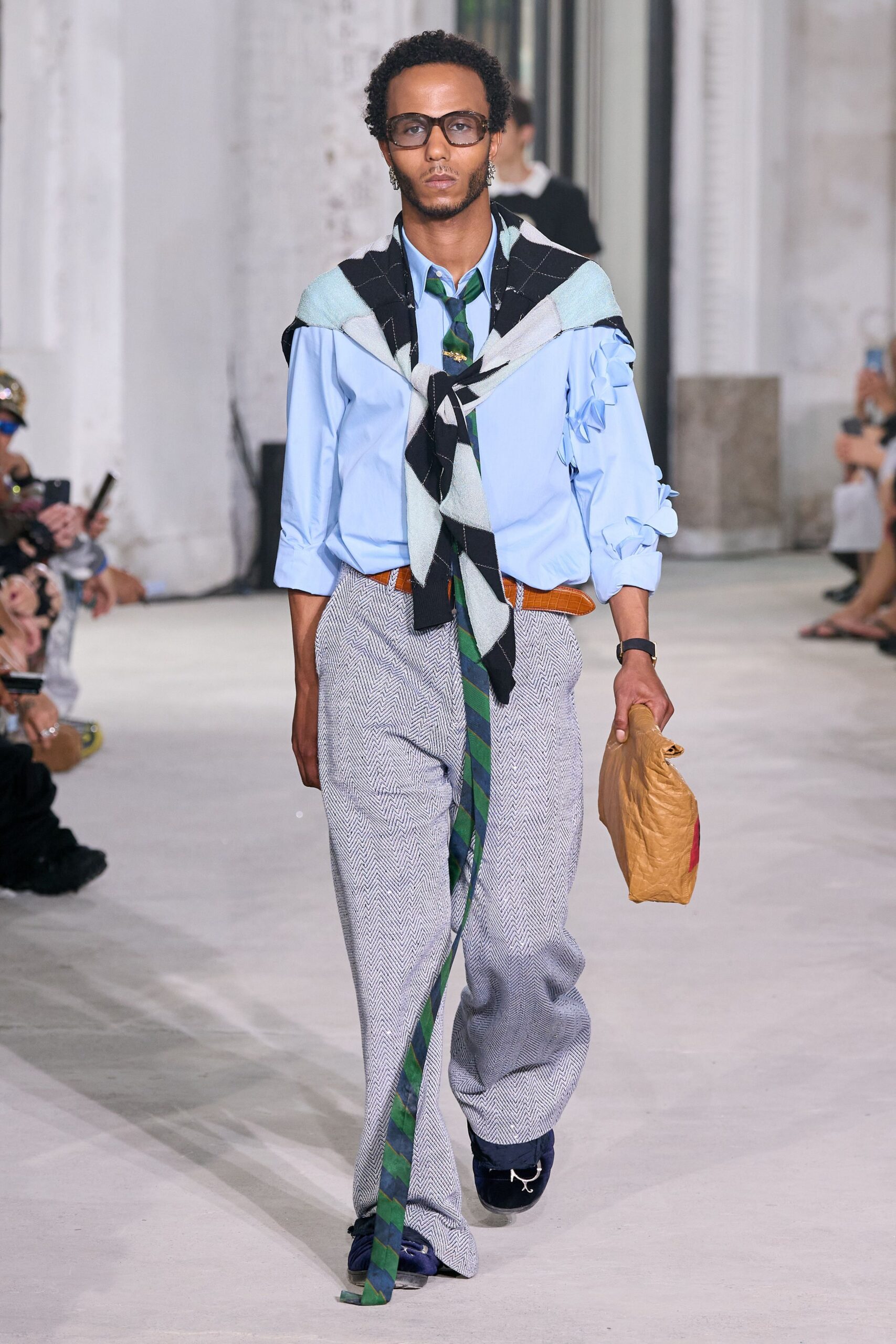blue relaxed shirt with gray pants