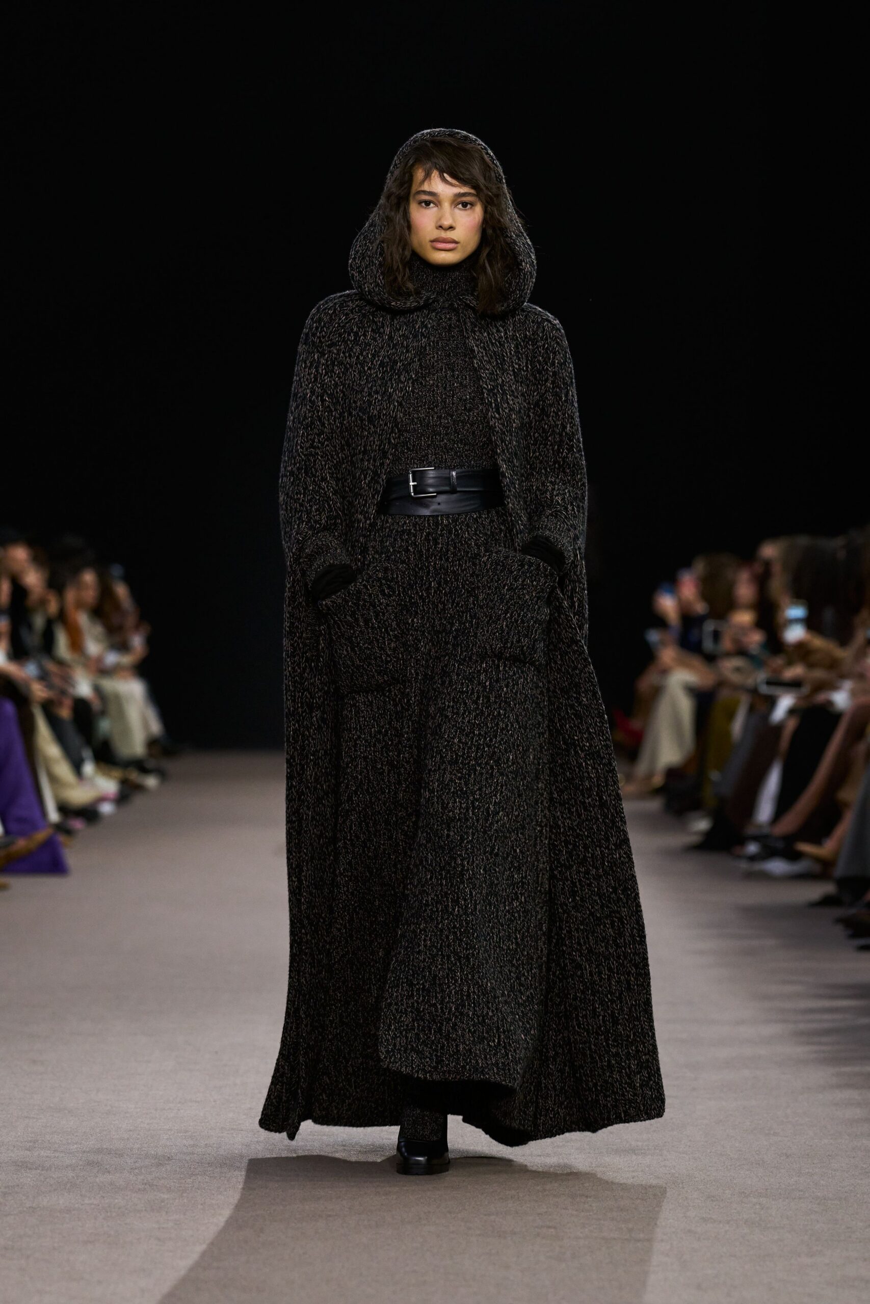 black wool long-sleeve hooded relaxed pockets maxi cape