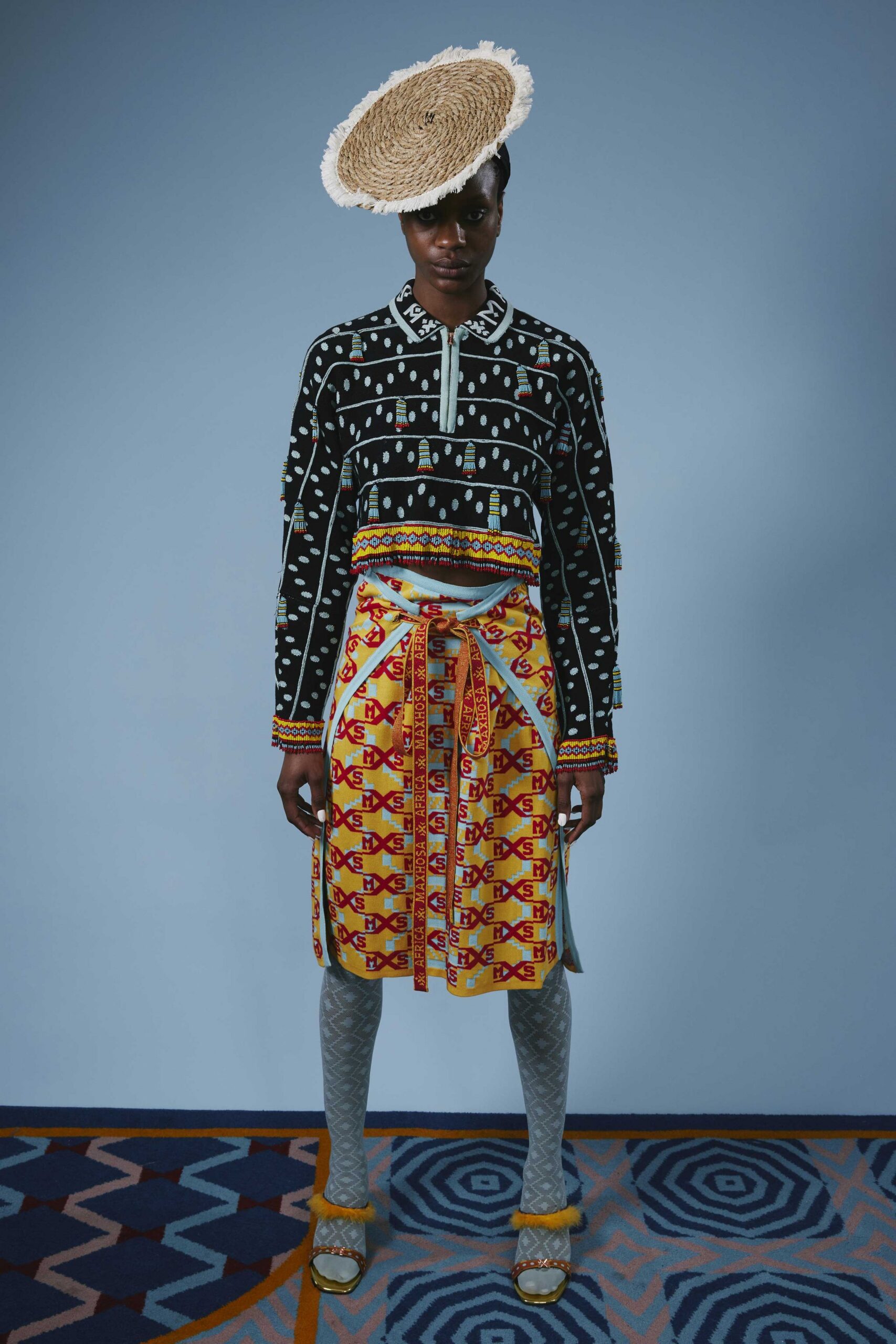 yellow cotton fitted printed tiered skirt