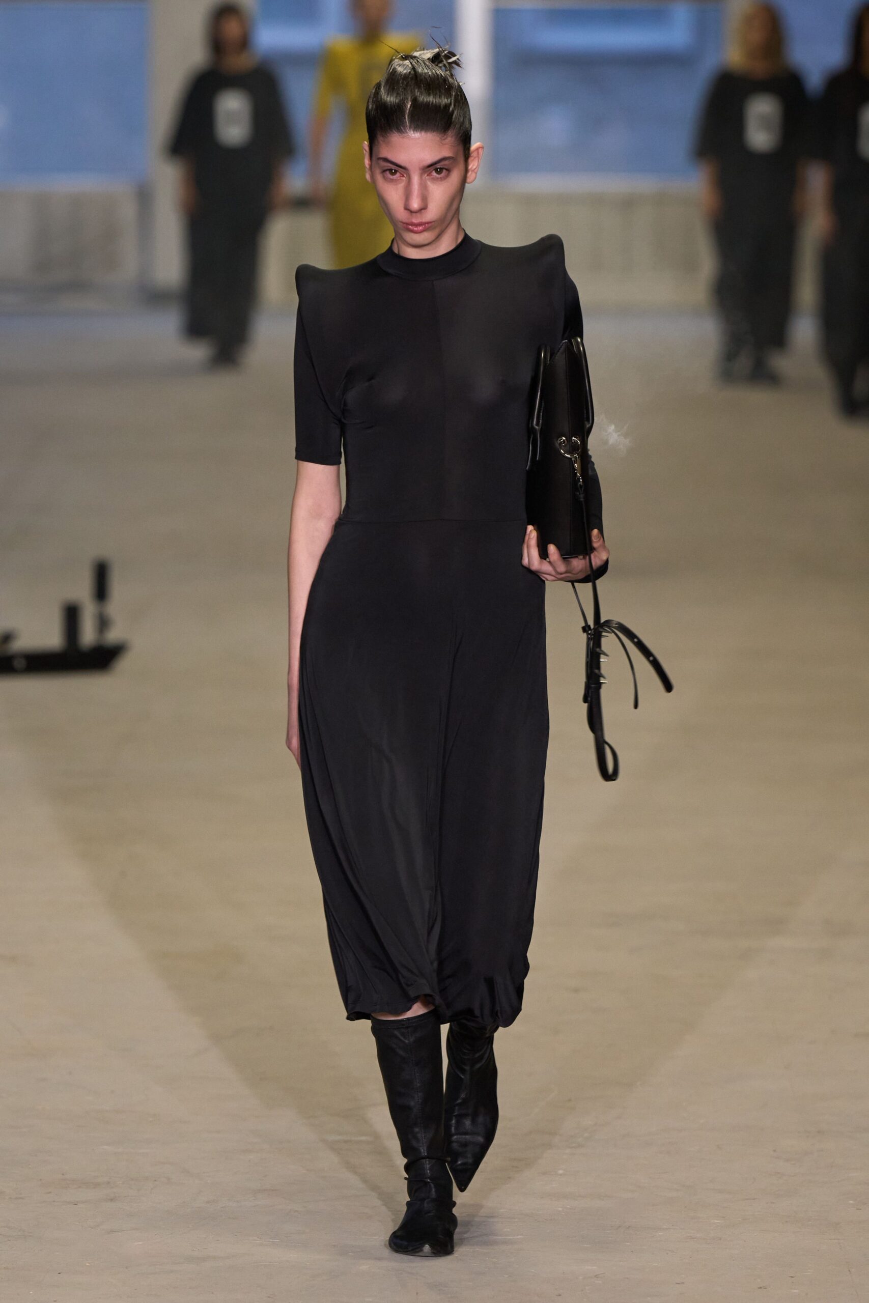 black cotton short-sleeve high-neck fitted draped midi dress