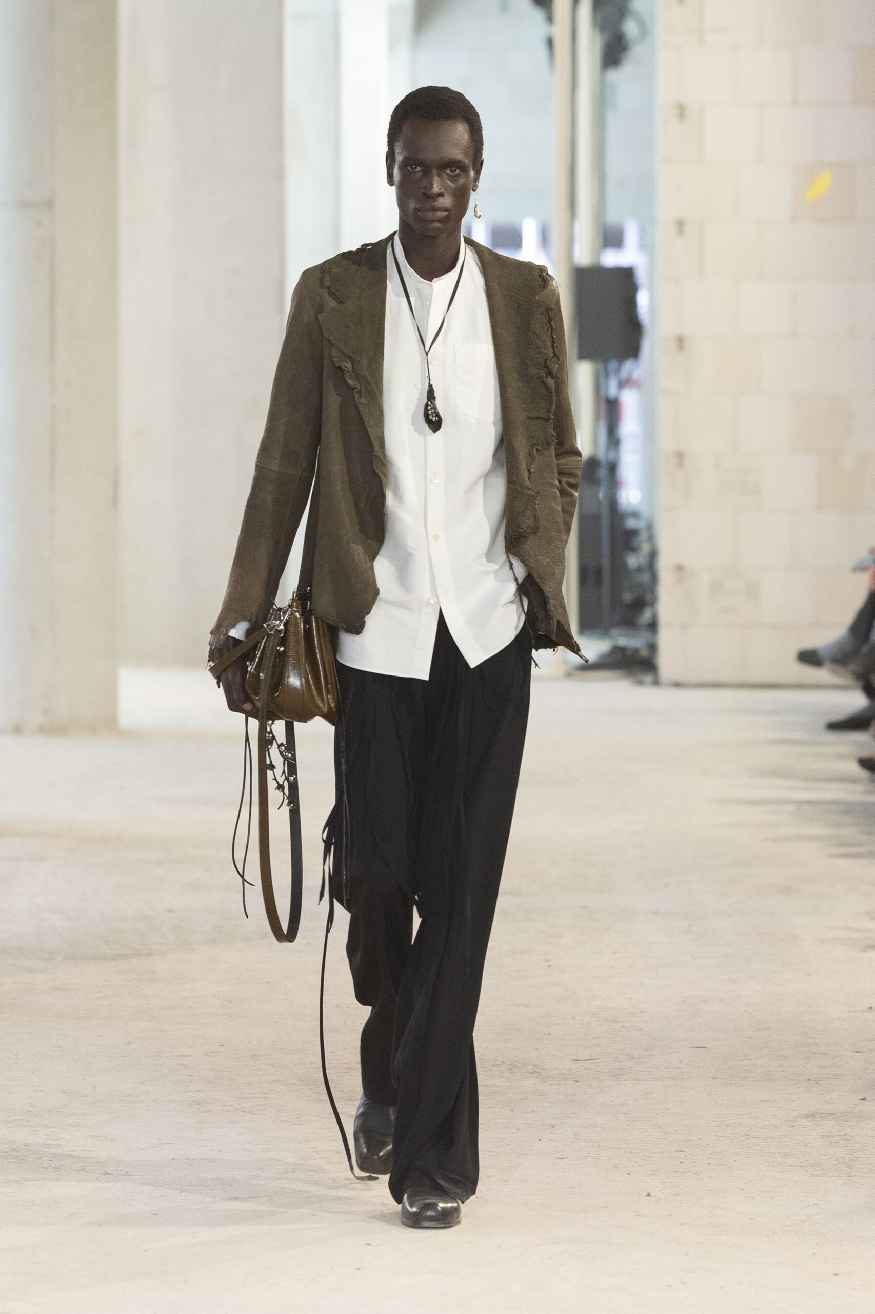 brown cotton long-sleeve collared structured fringed jacket