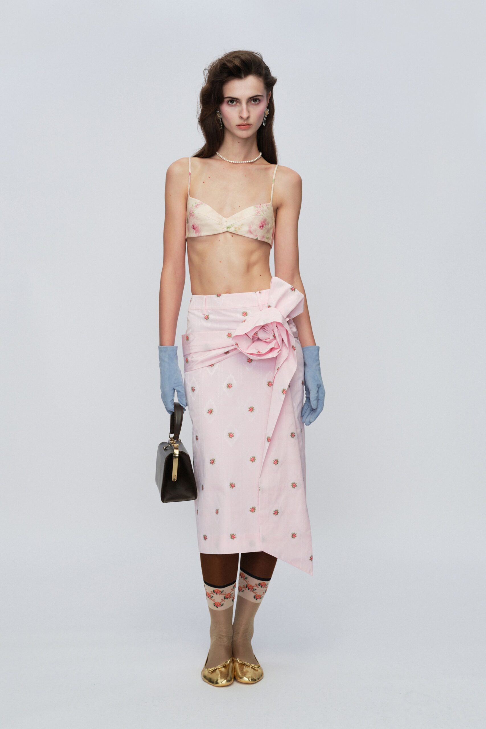 pink cotton fitted high-waisted pleated flared midi skirt
