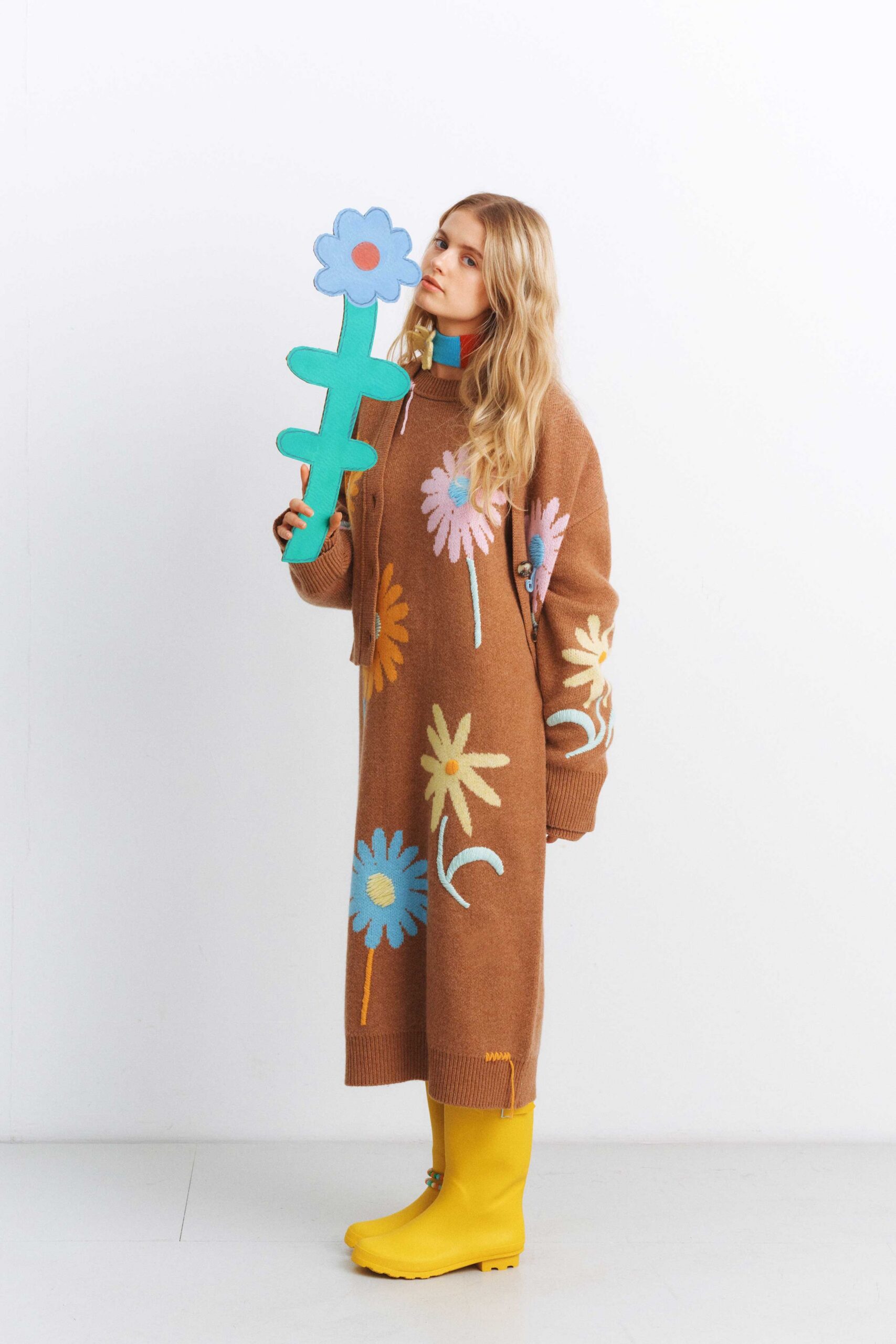 brown wool long-sleeve collared relaxed embroidered maxi dress