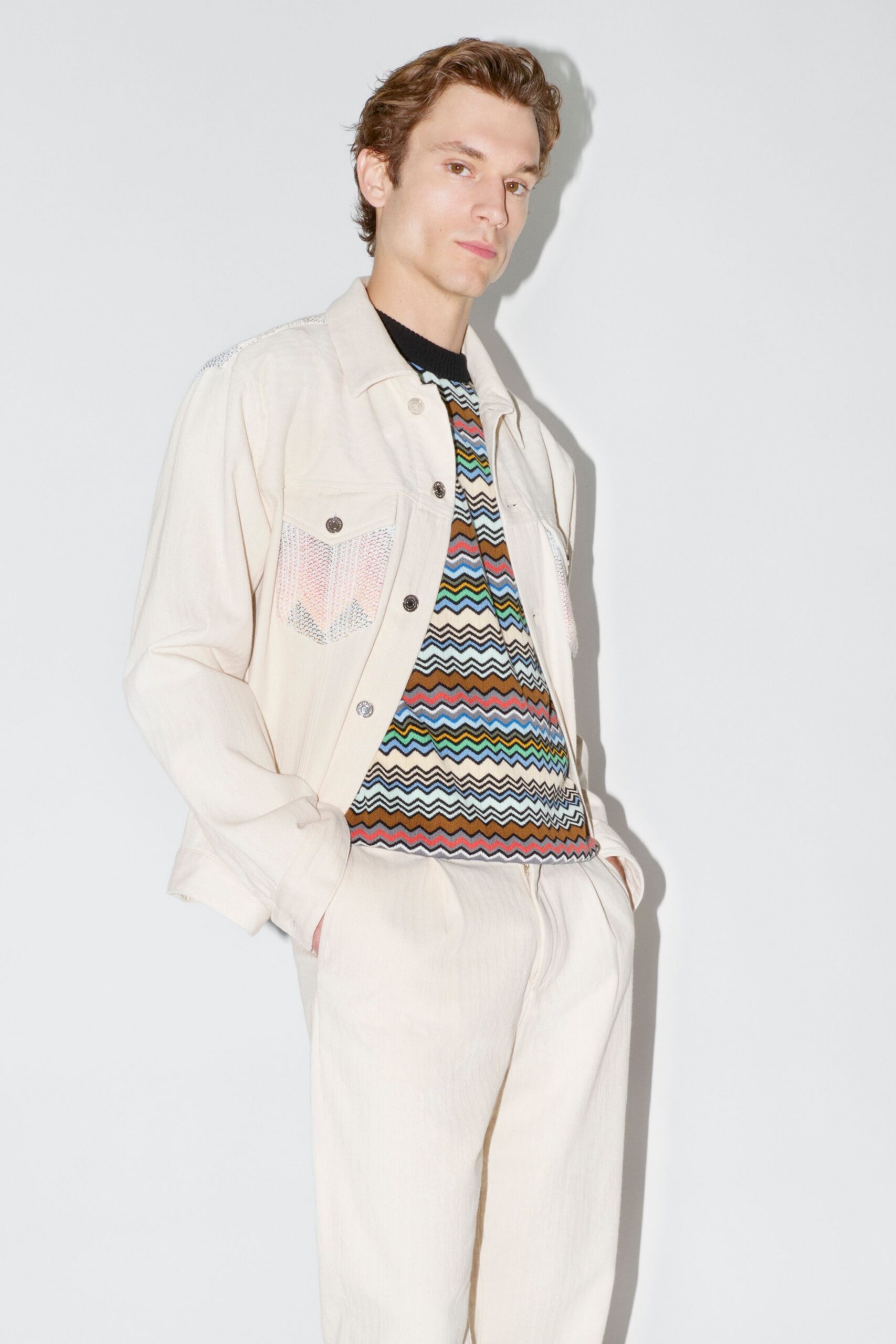 beige denim long-sleeve collared relaxed buttoned jacket
