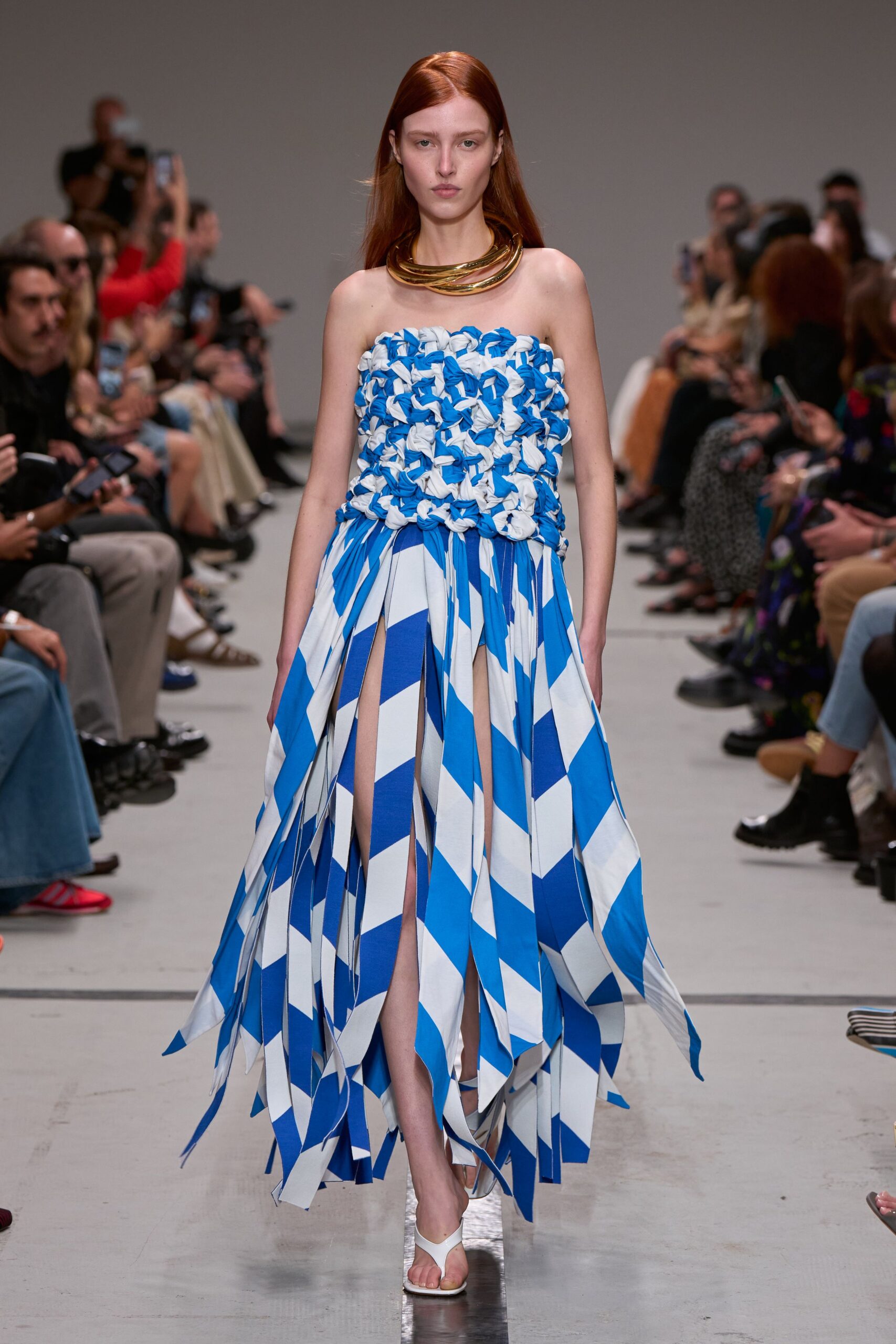 blue cotton strapless fitted pleated draped maxi gown