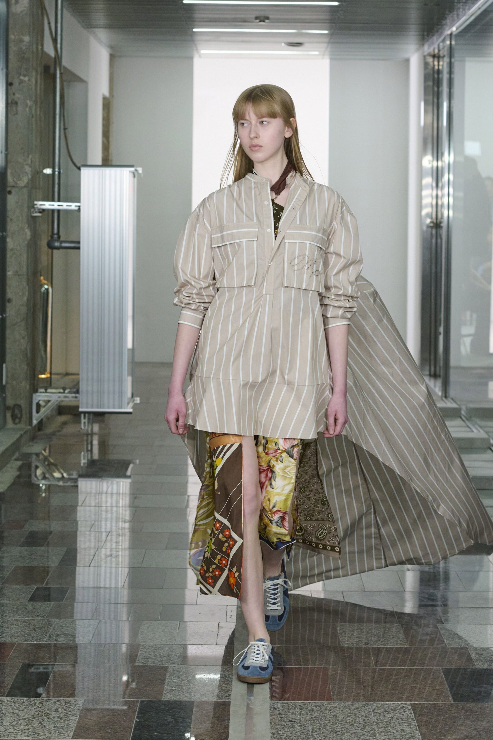 beige cotton long-sleeve collared relaxed striped layered shirt-dress