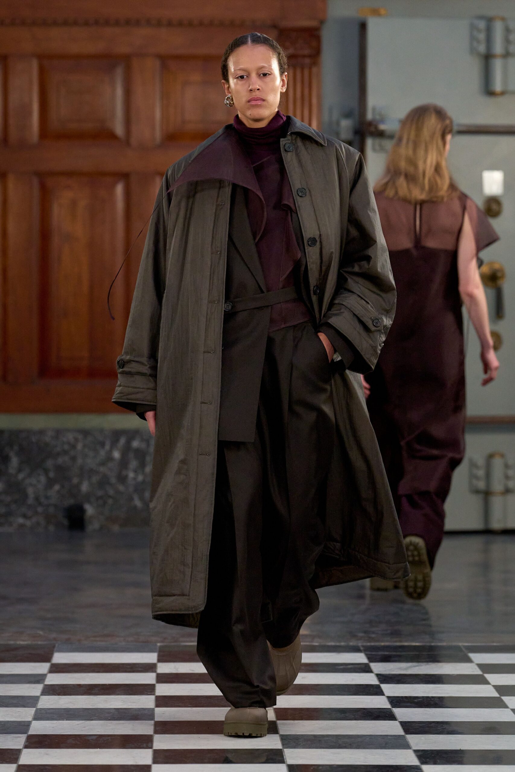 brown relaxed coat with purple top