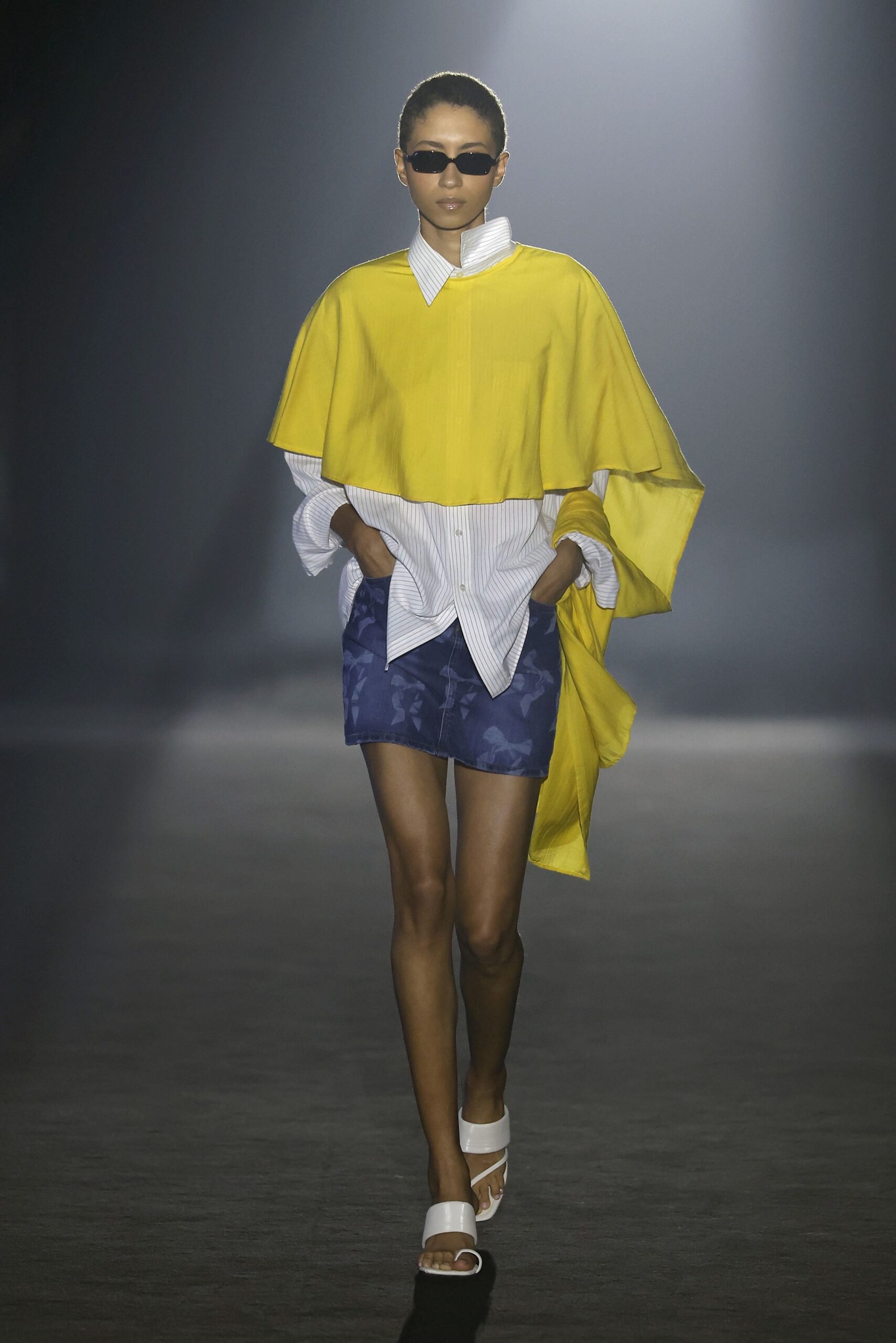 yellow cotton long-sleeve collared relaxed layered top