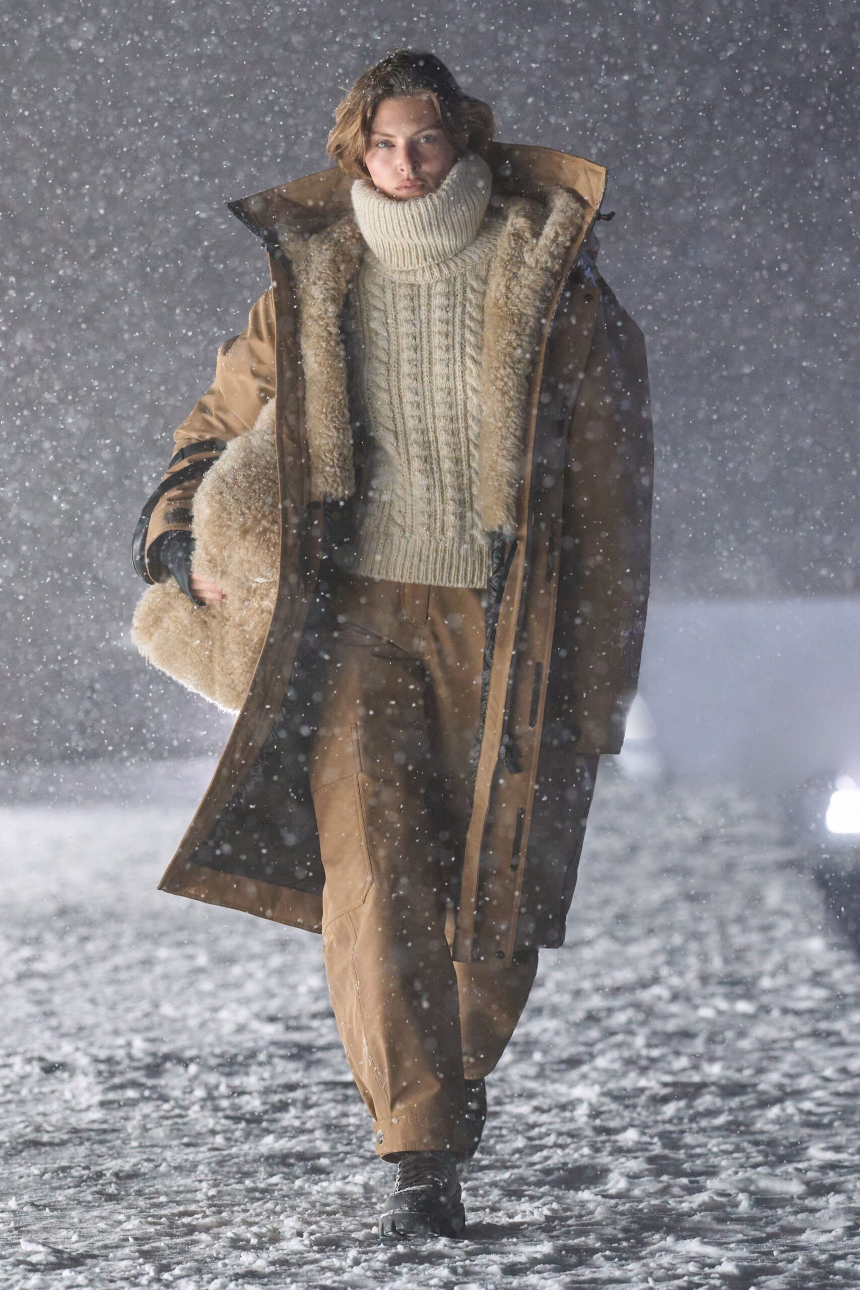 brown faux-fur coat with ivory sweater