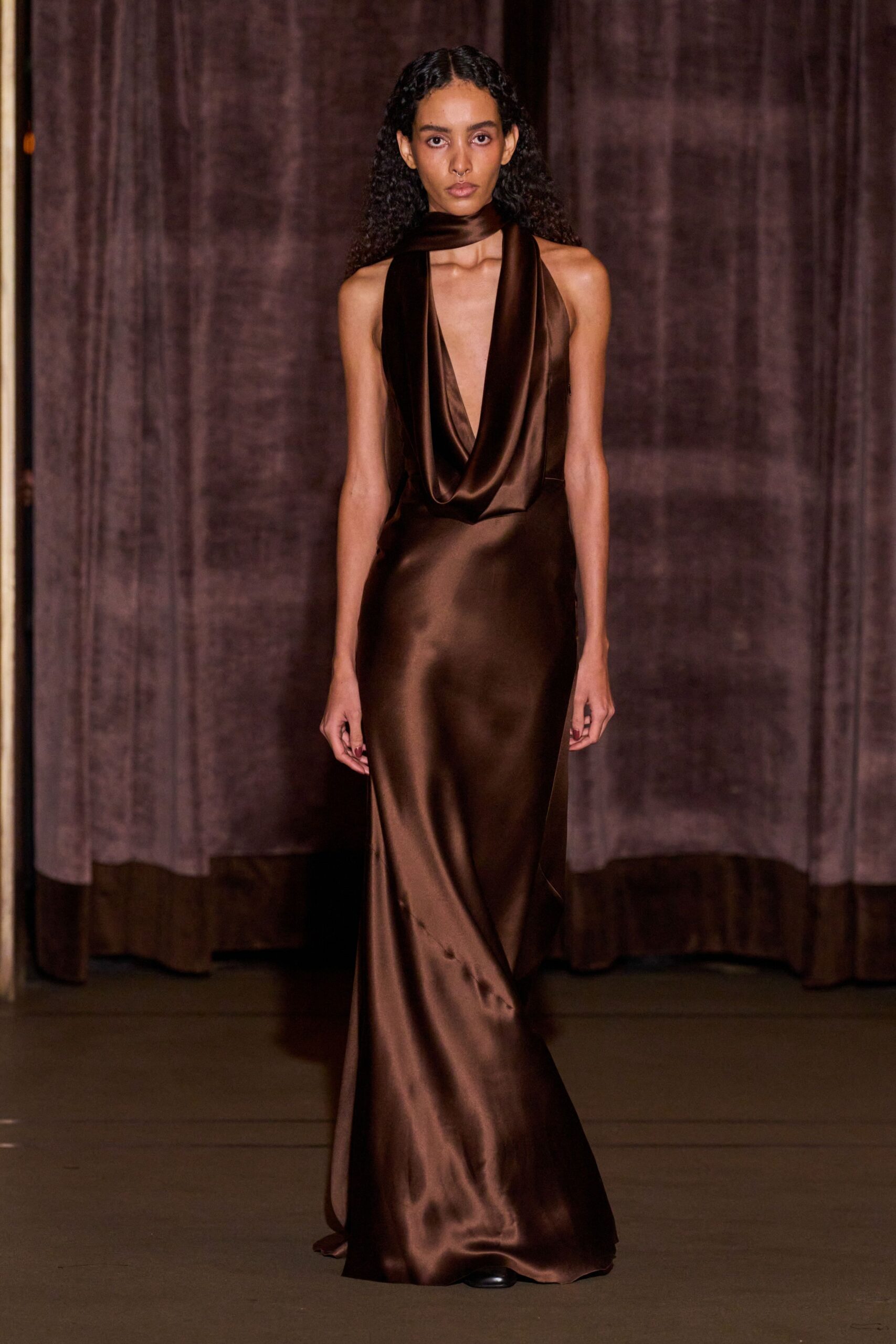 brown silk sleeveless gown