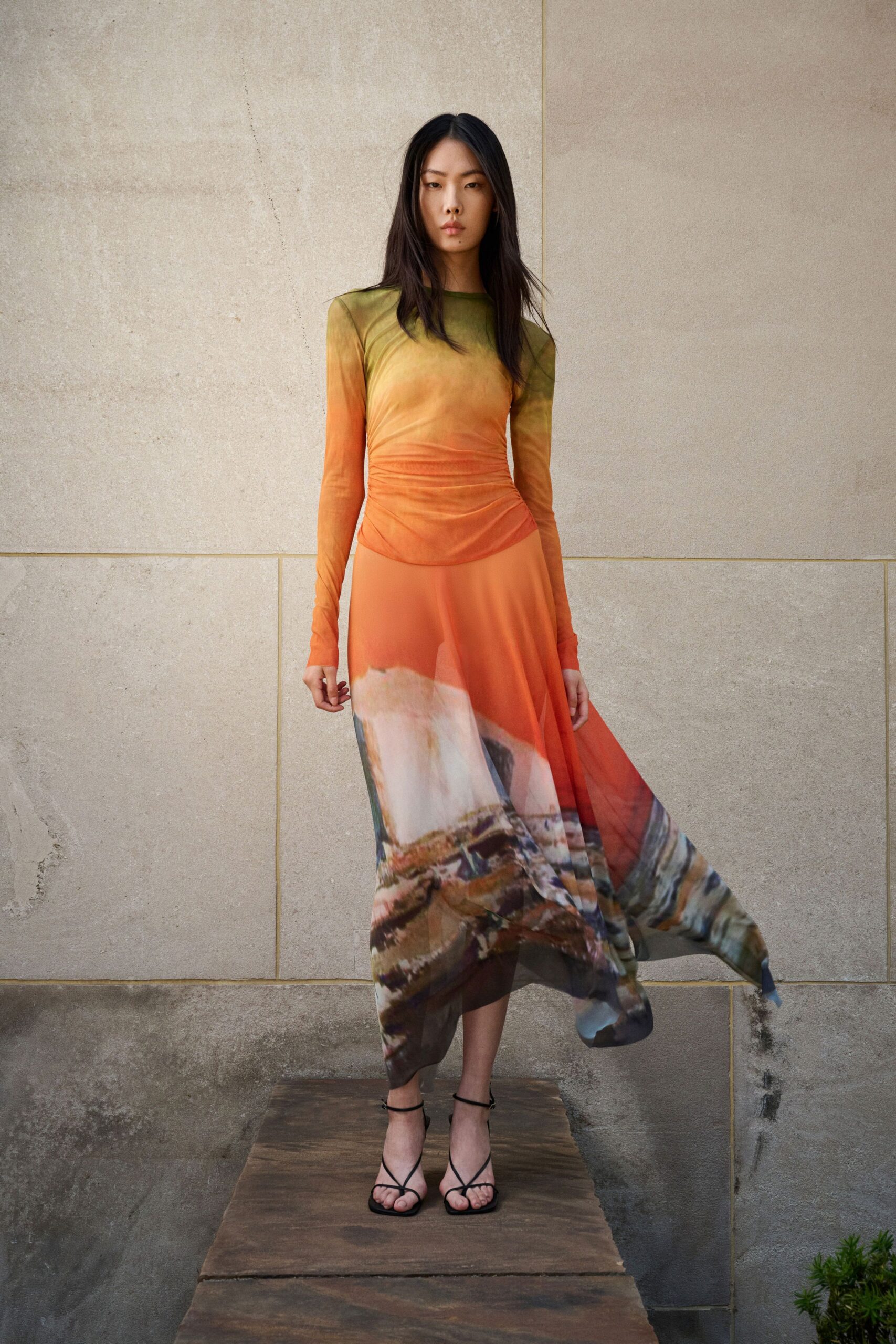 orange green printed maxi dress