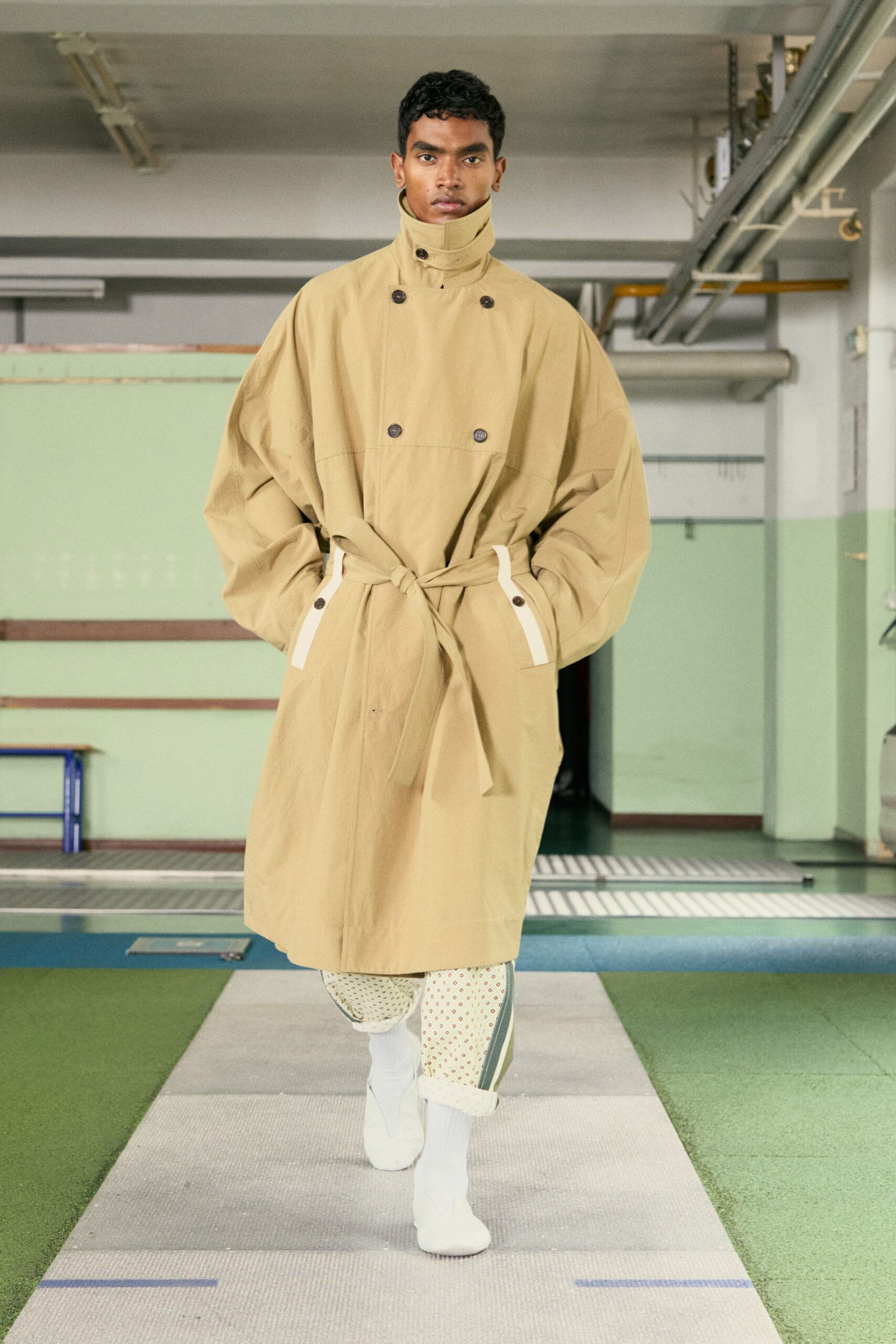 beige cotton long-sleeve collared oversized belted coat