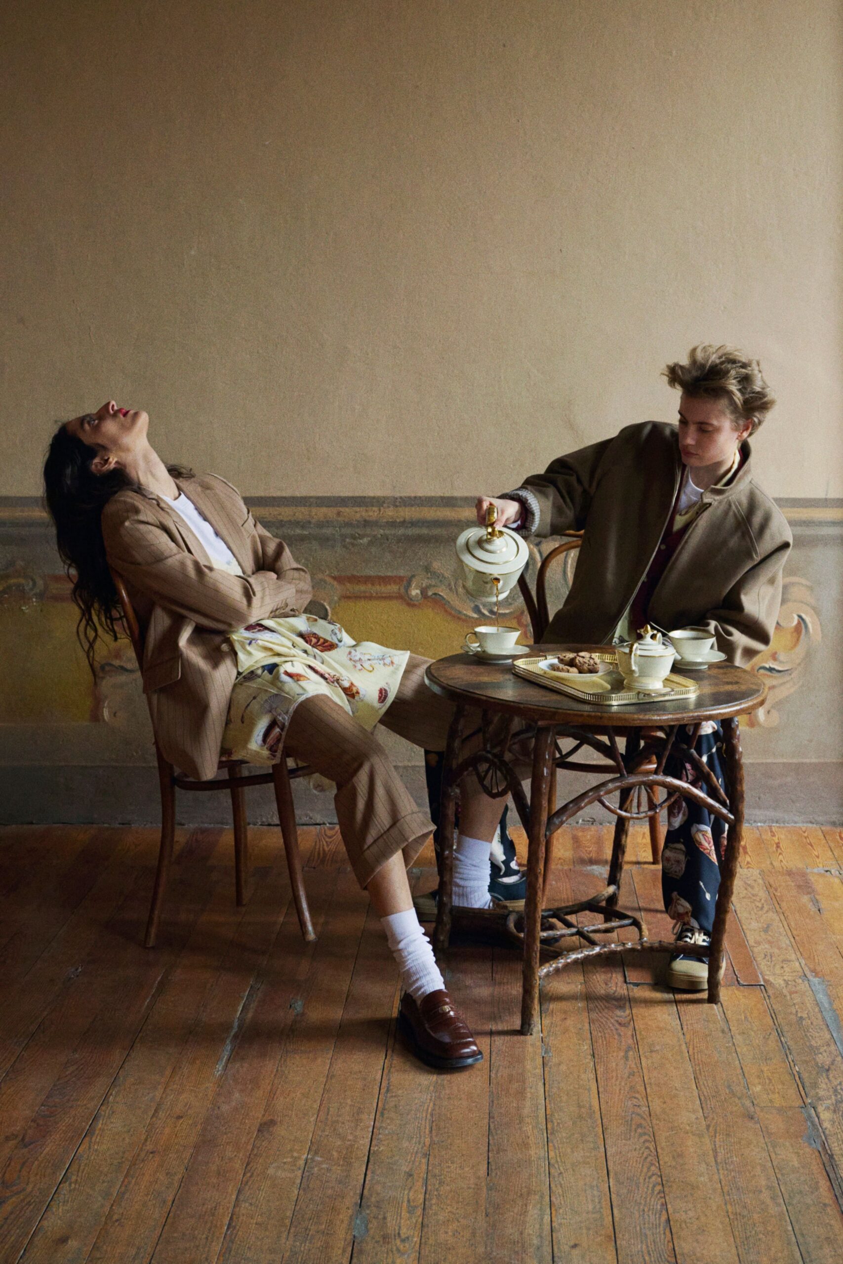 brown cotton relaxed blazer and beige pants