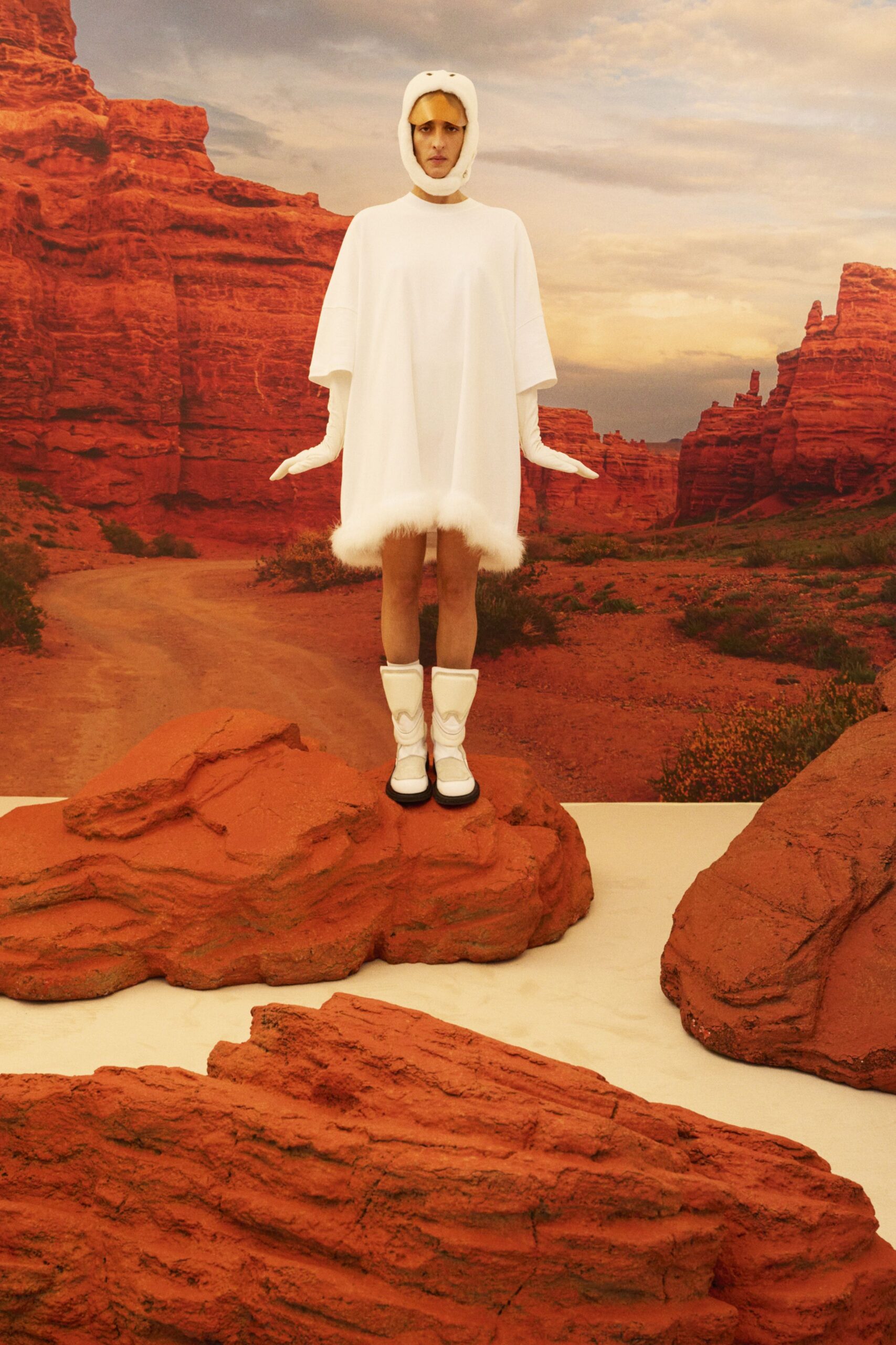 white relaxed mini dress with boots