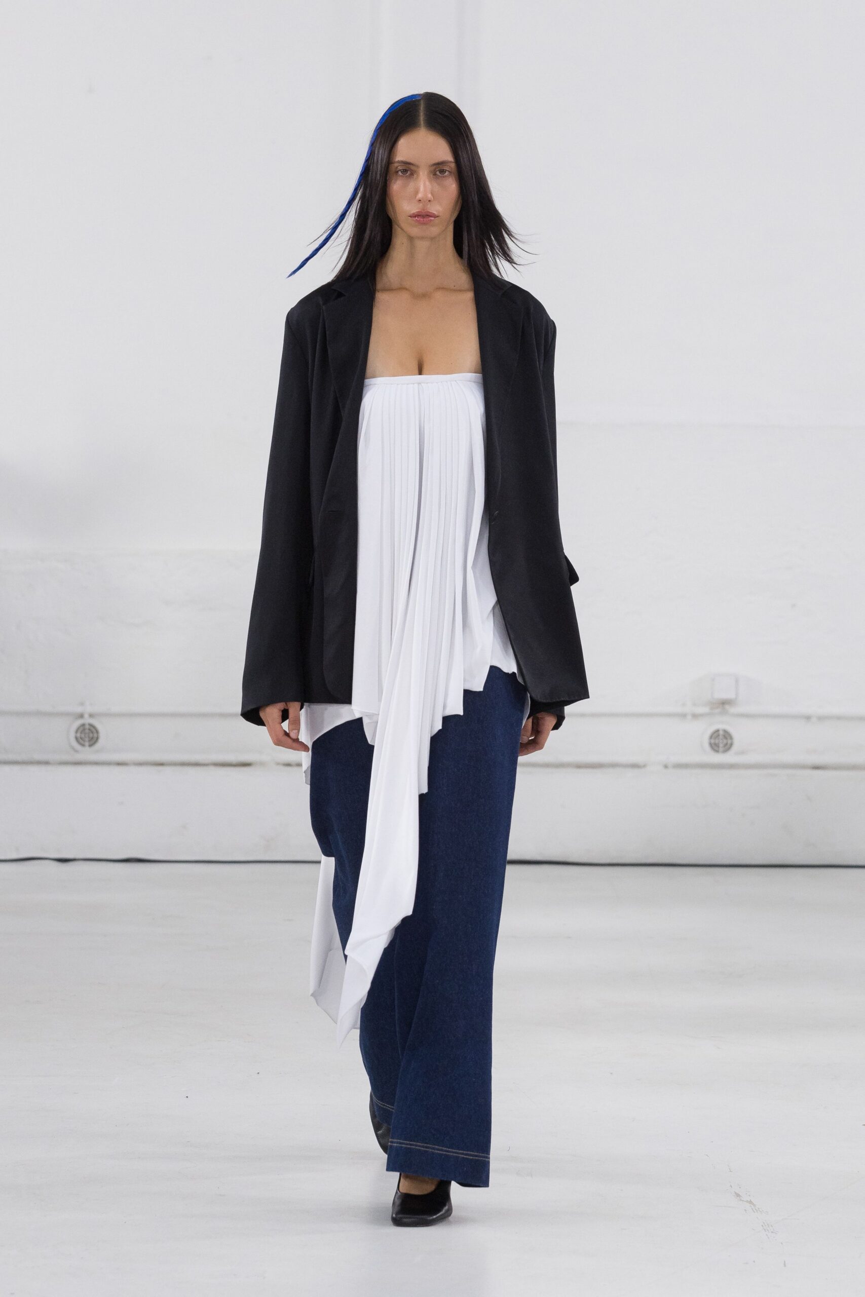 black blazer white pleated top