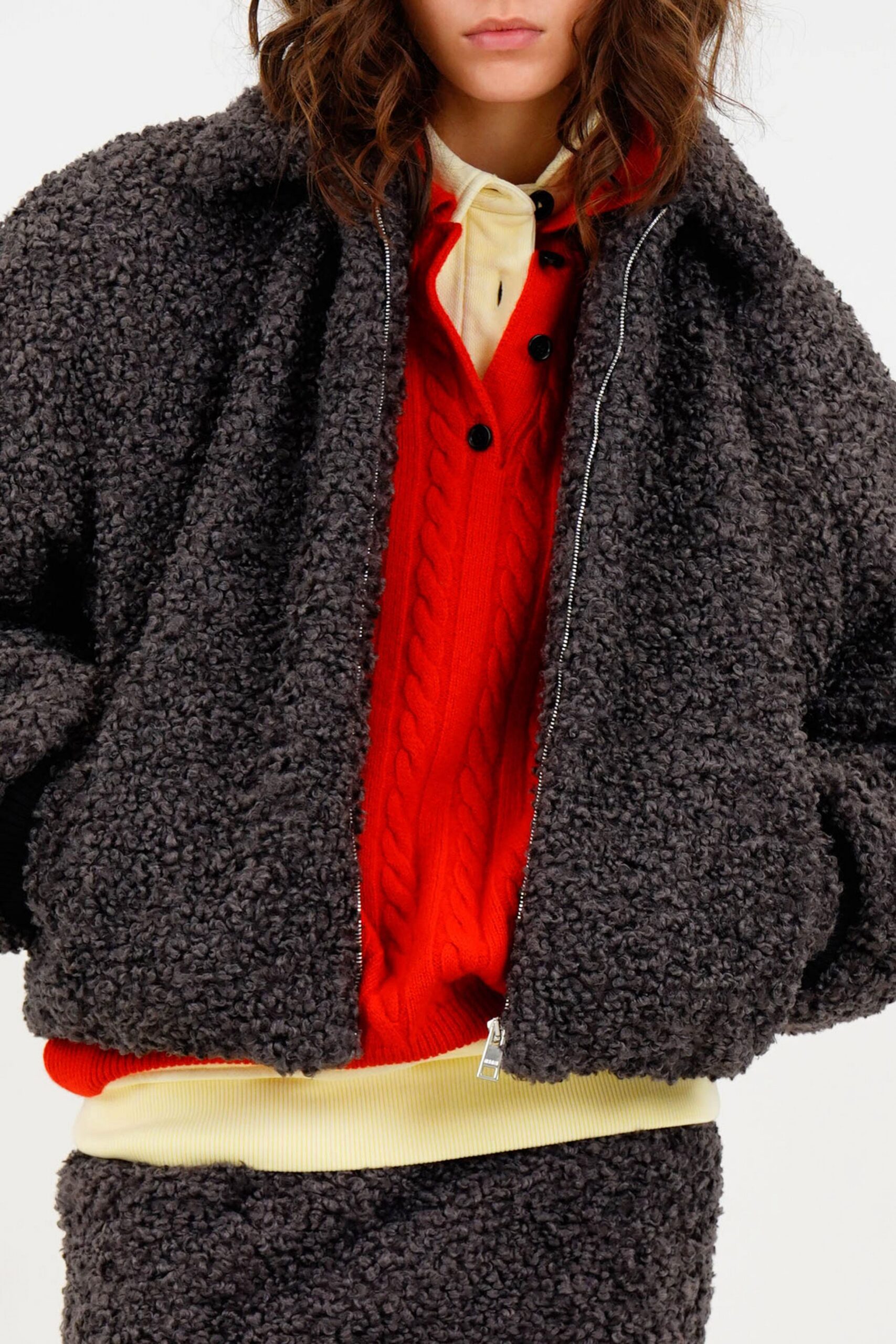 gray faux-fur long-sleeve collared oversized zippered jacket