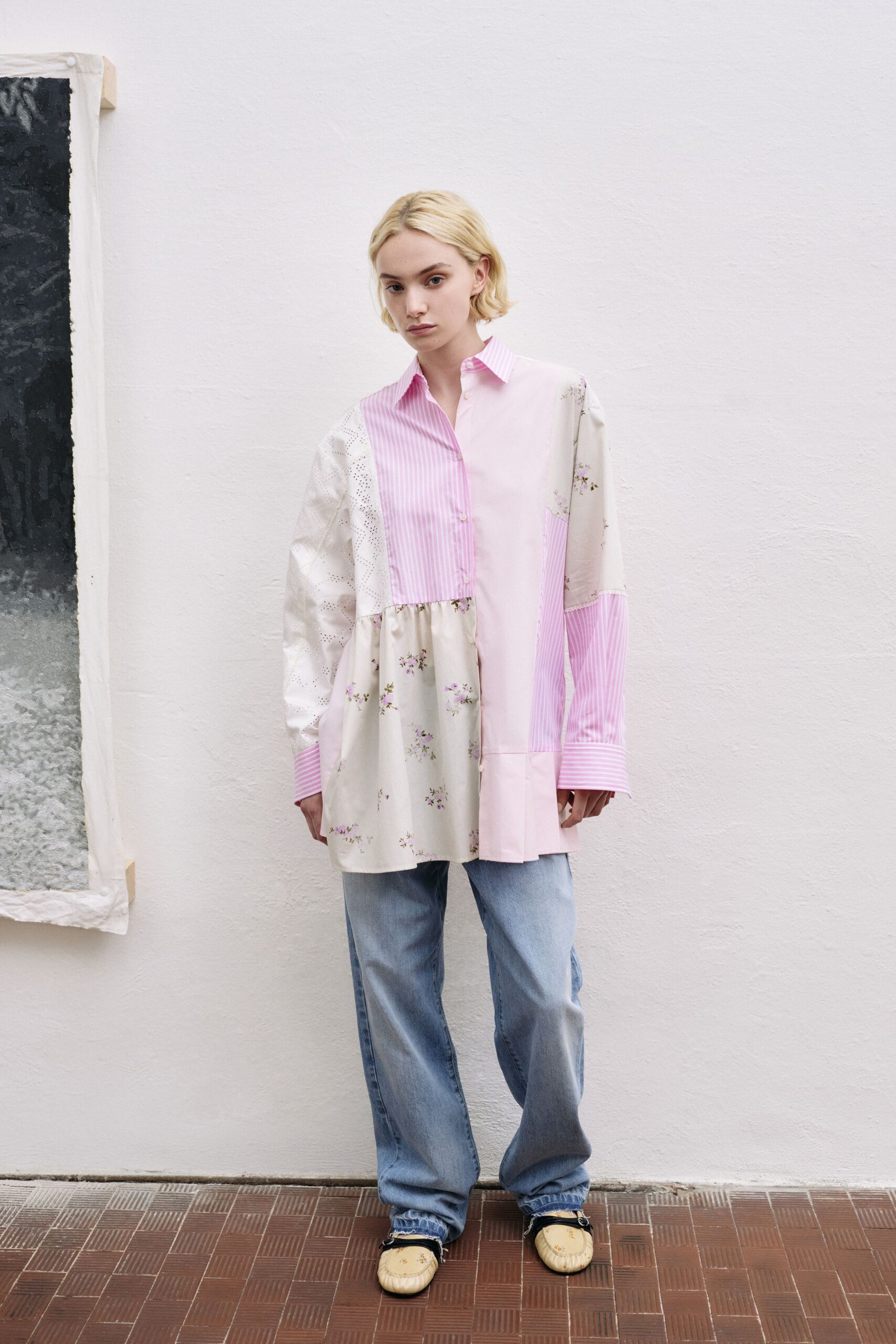 pink cotton long-sleeve collared relaxed striped embroidered shirt
