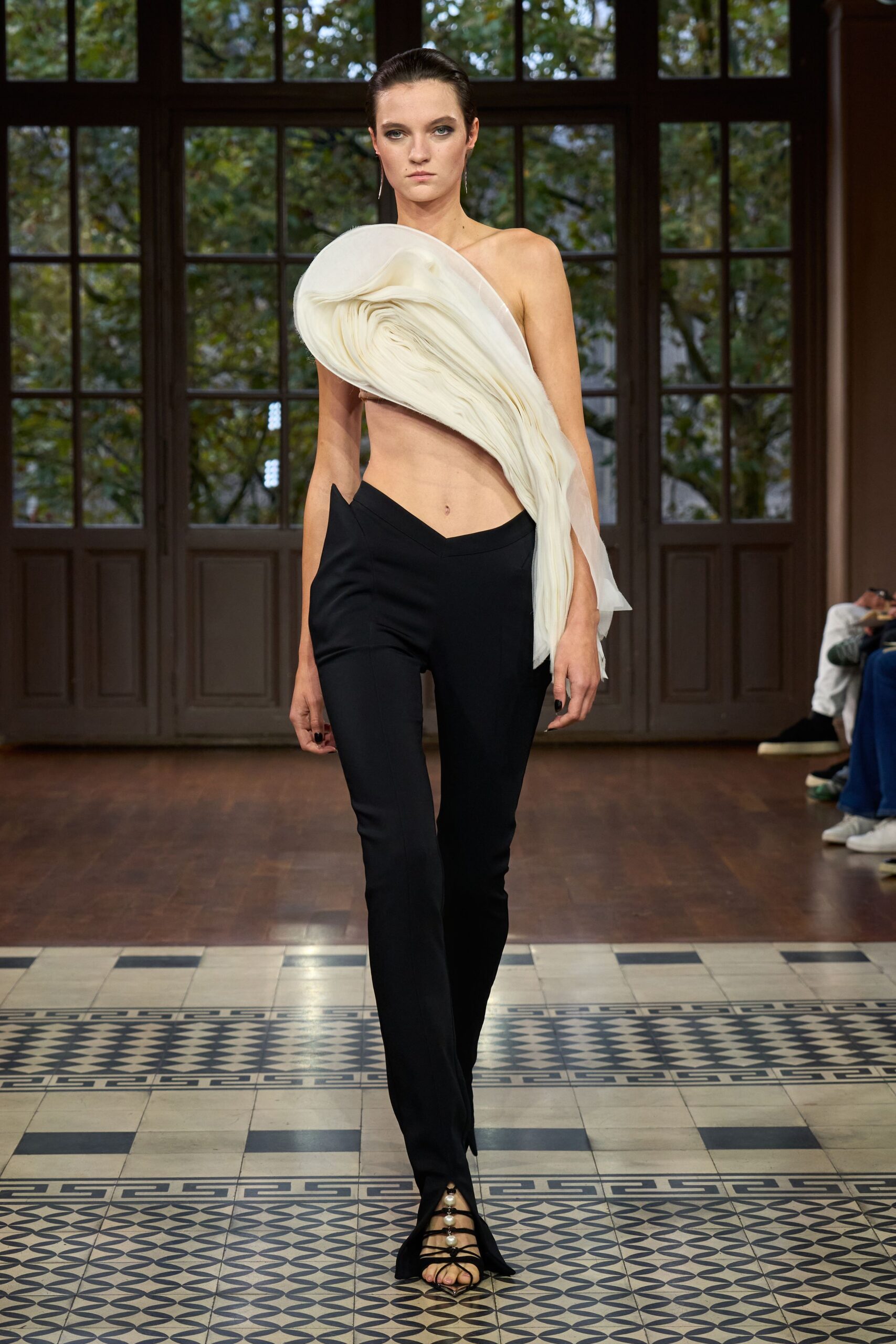 white silk sleeveless asymmetric fitted draped top