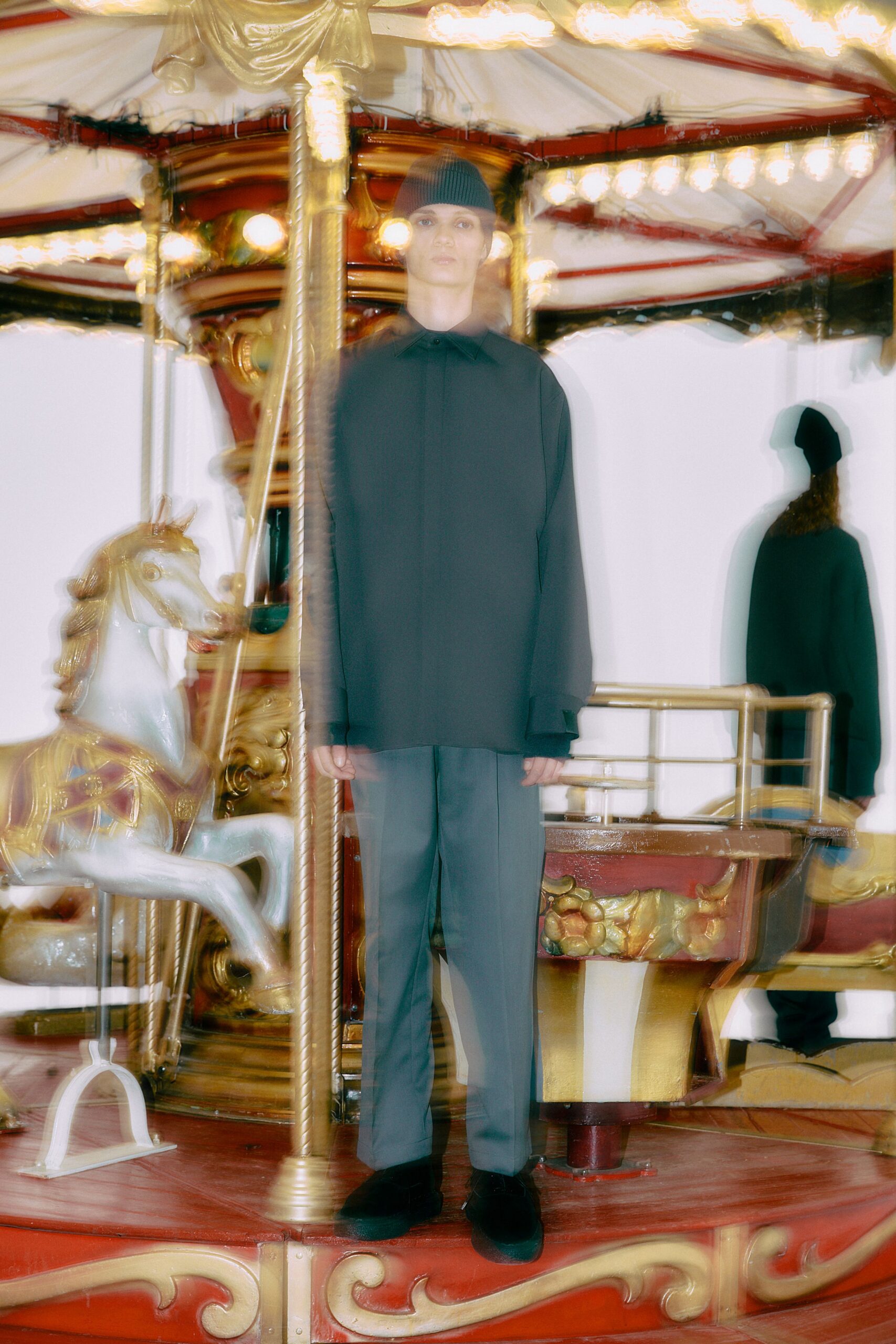 black relaxed shirt gray pants