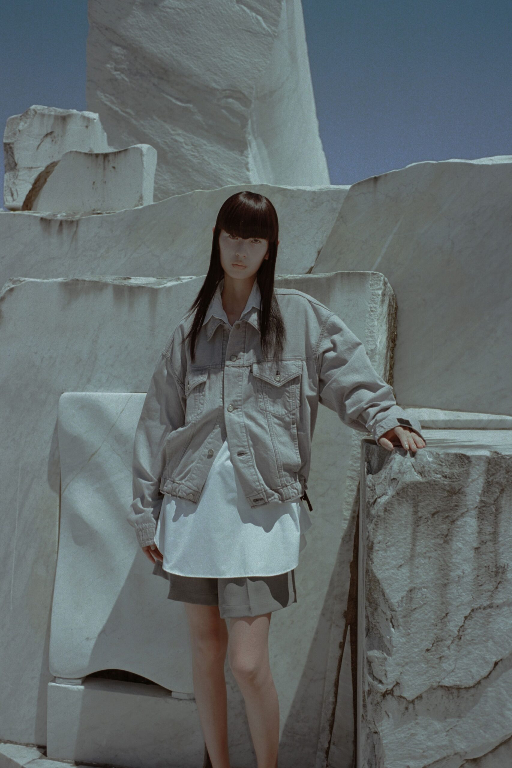 gray denim long-sleeve collared oversized jacket