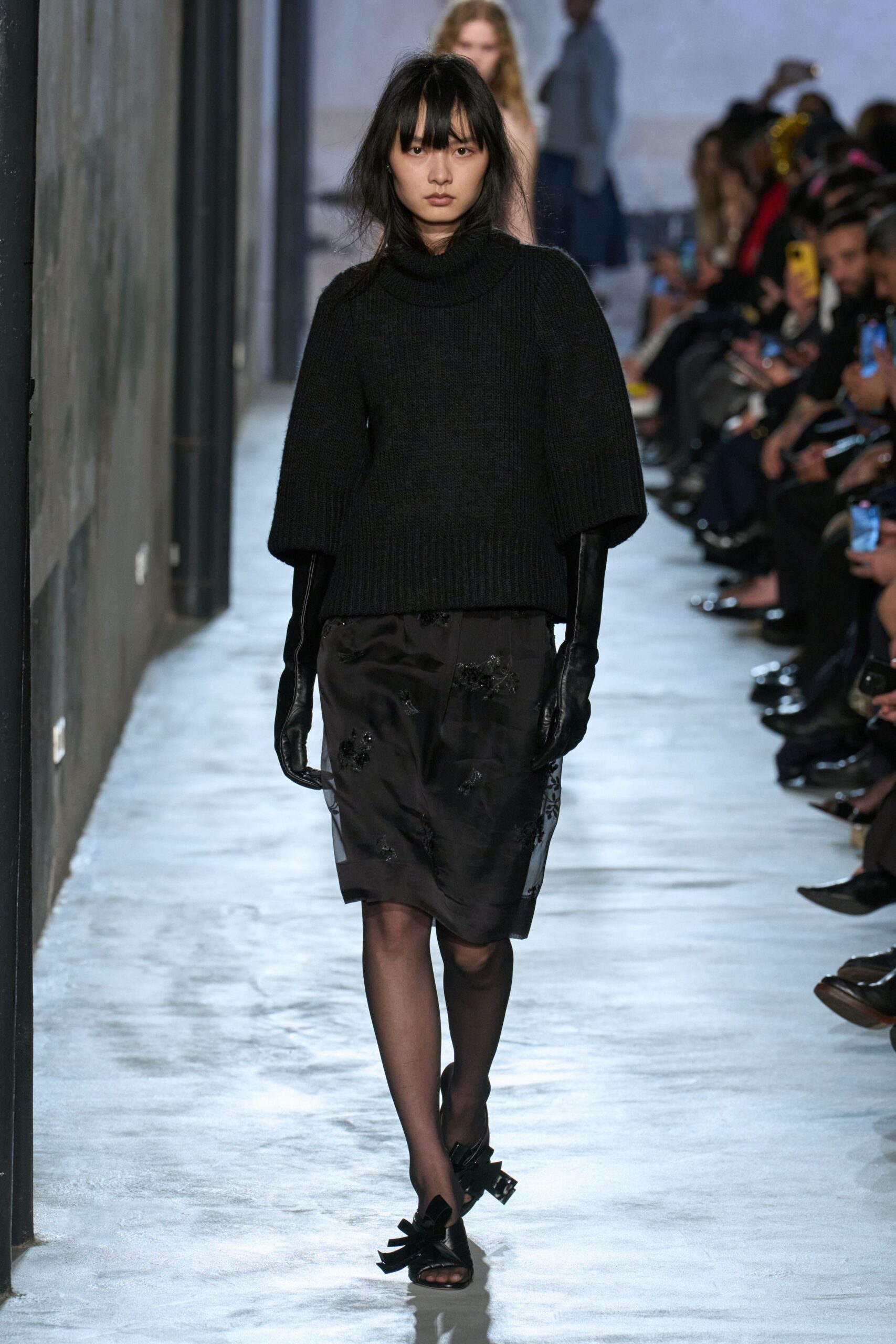 black wool top and silk skirt