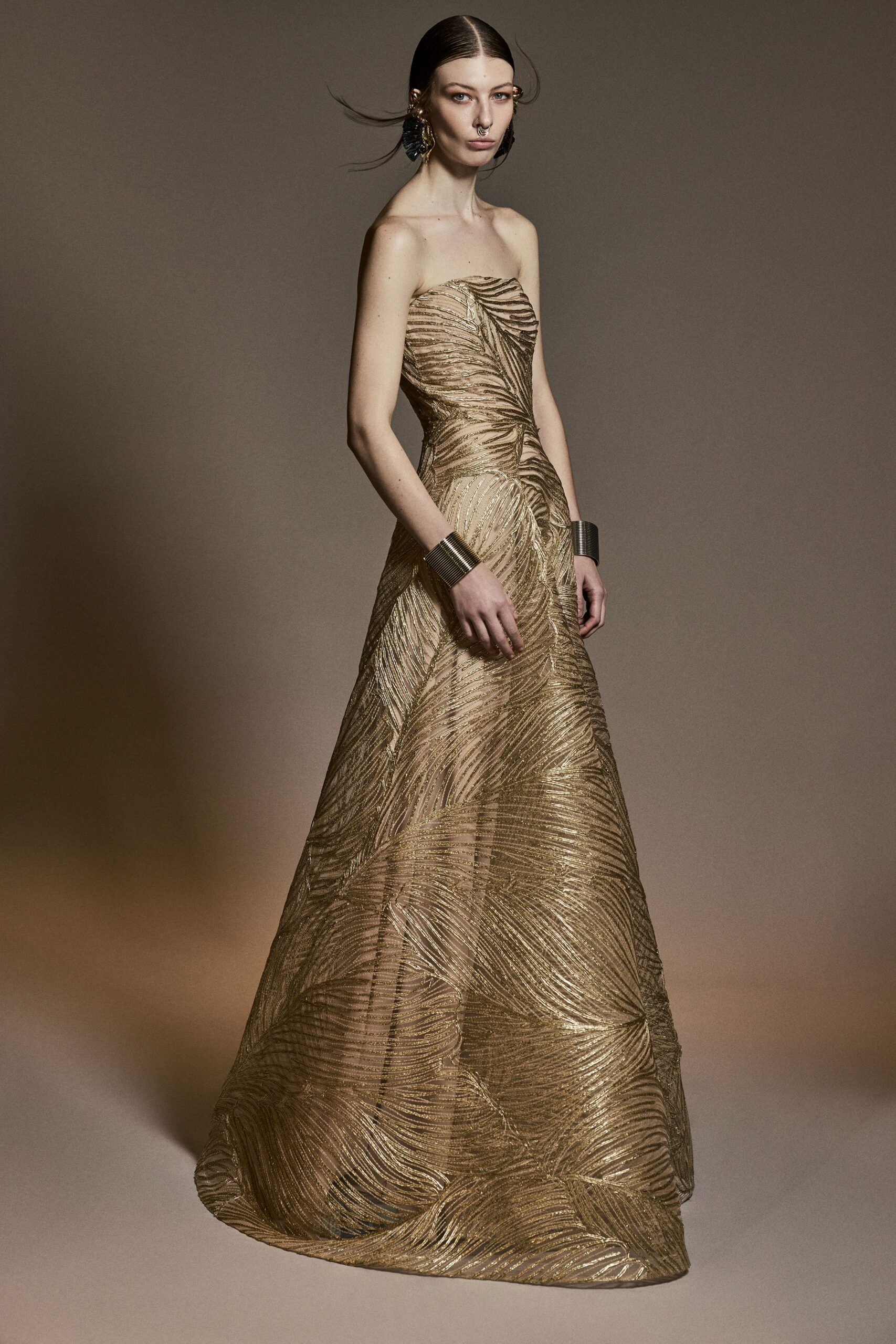 gold silk strapless gown