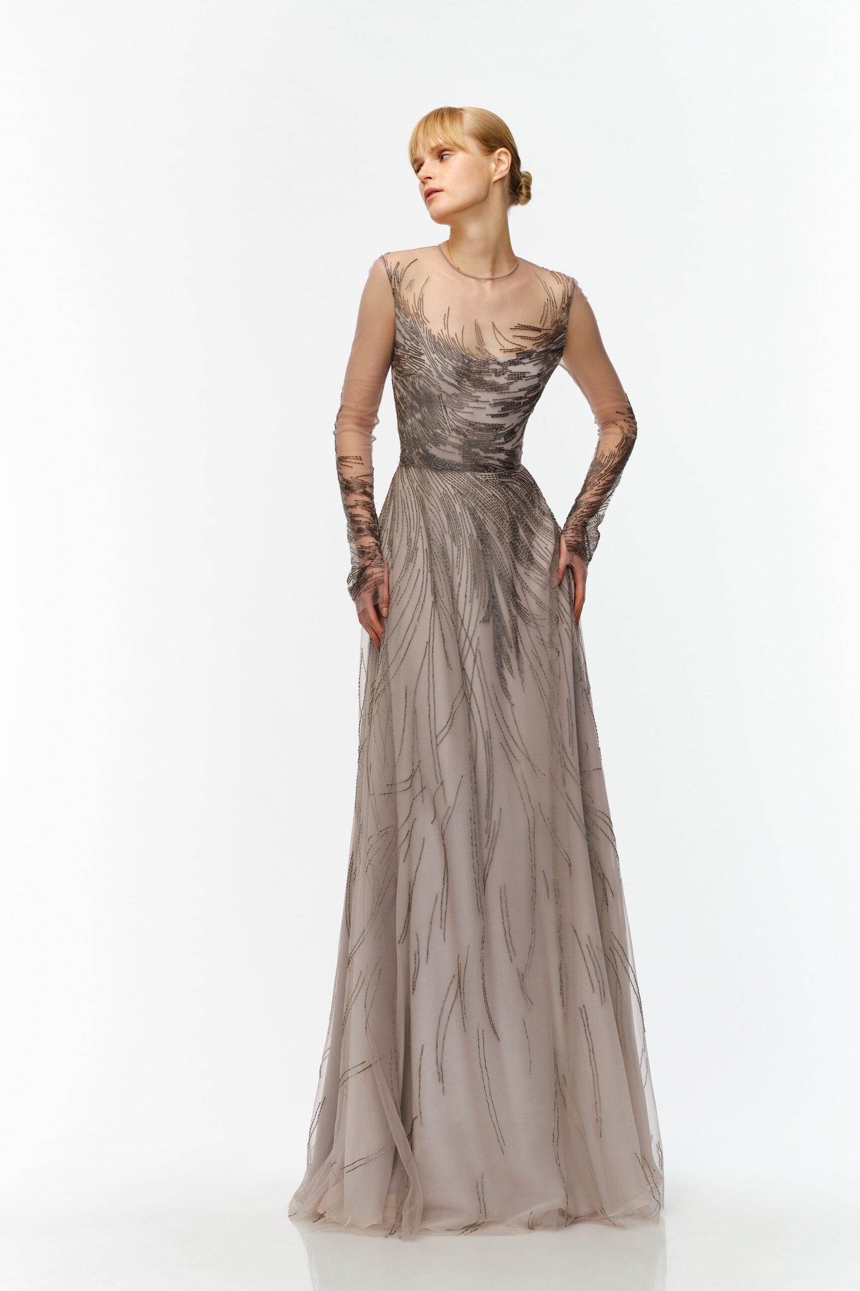 beige silk embroidered gown
