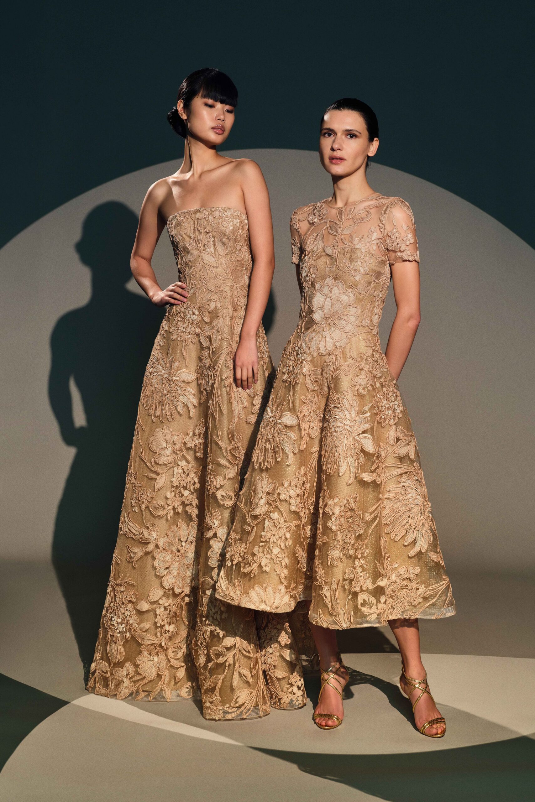 beige silk strapless fitted embroidered flared maxi gown