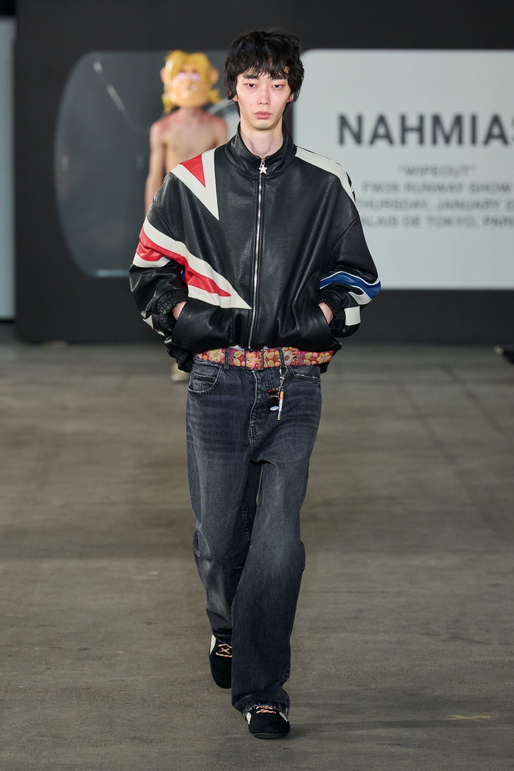 black leather color-blocked jacket