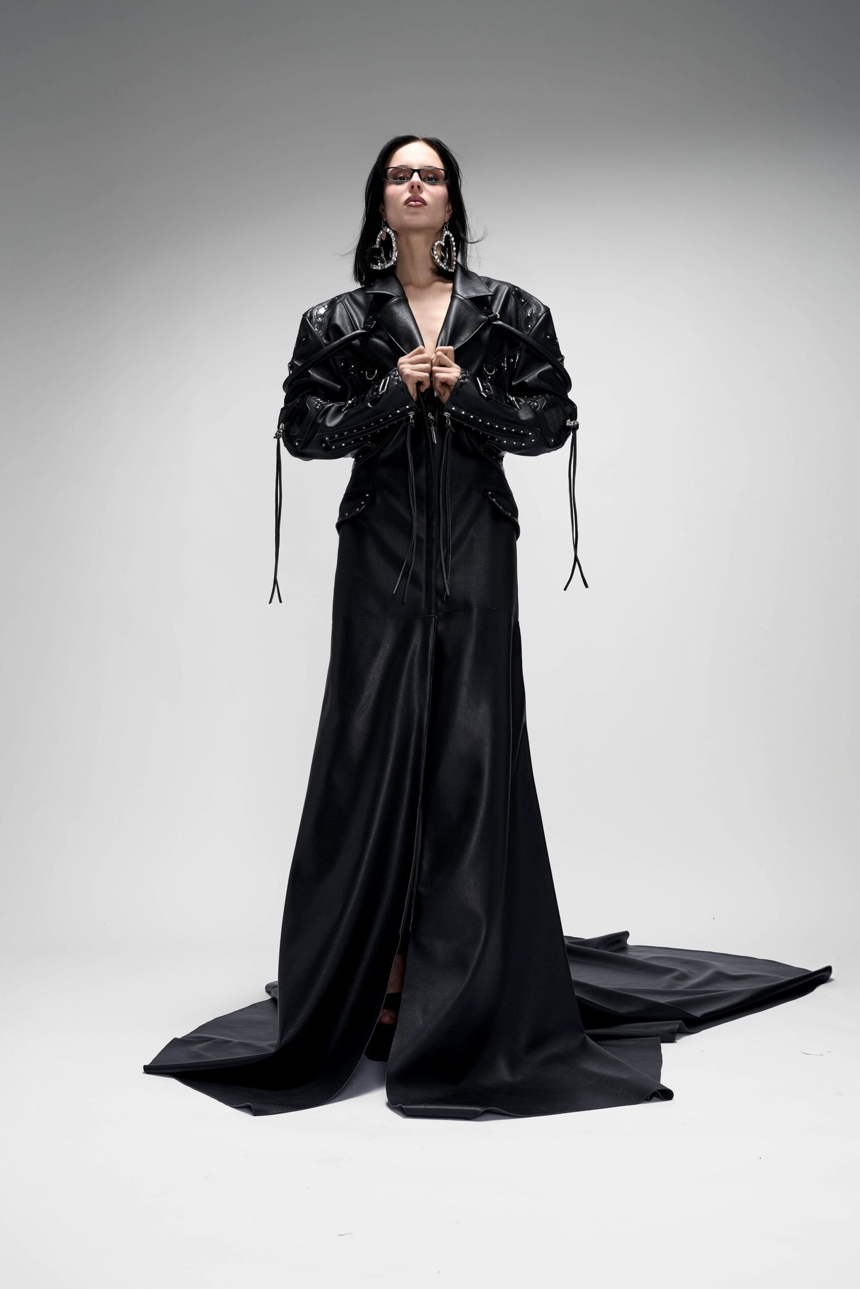 black silk gown with leather jacket