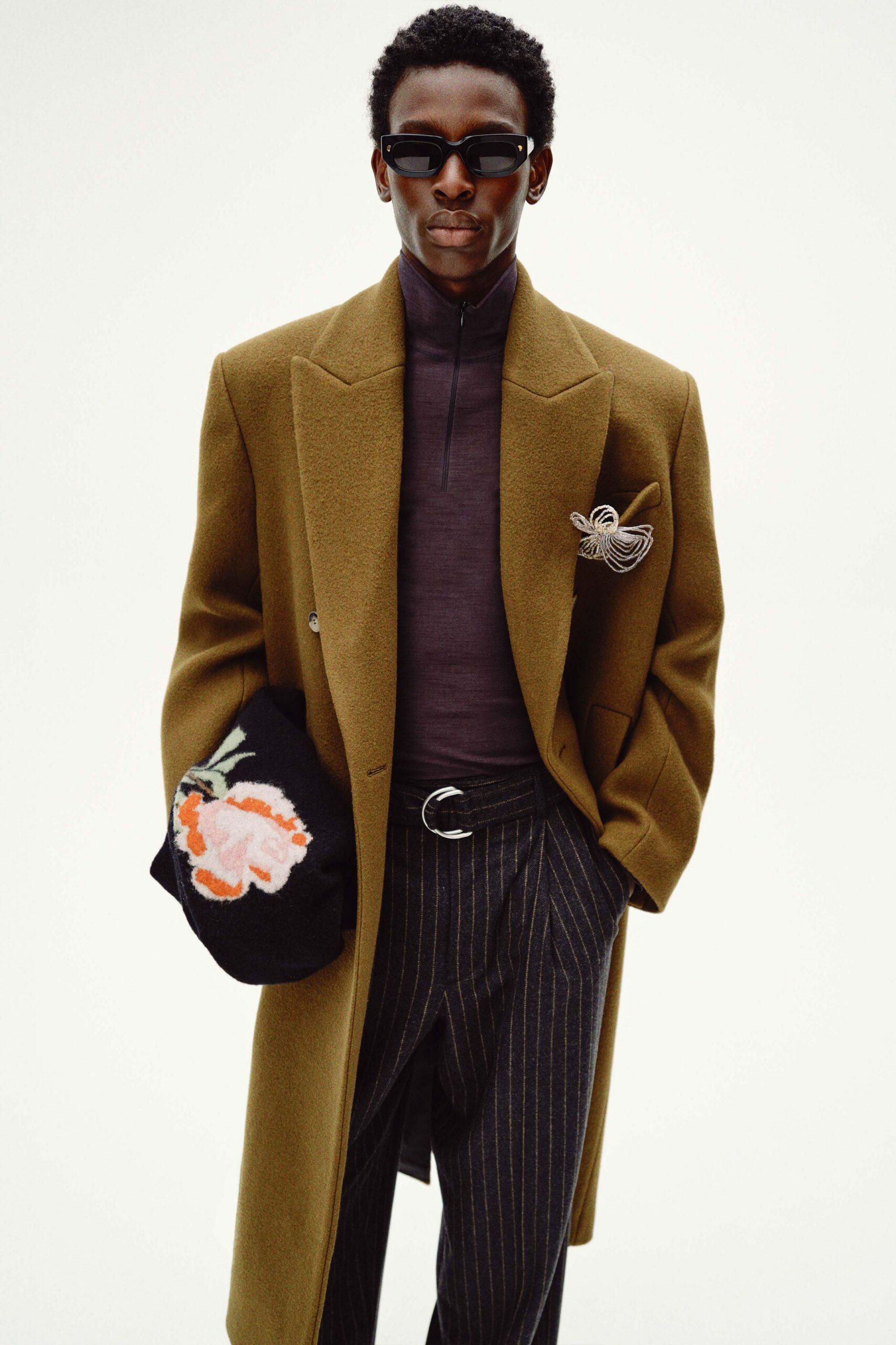 brown wool long-sleeve collared structured buttoned coat