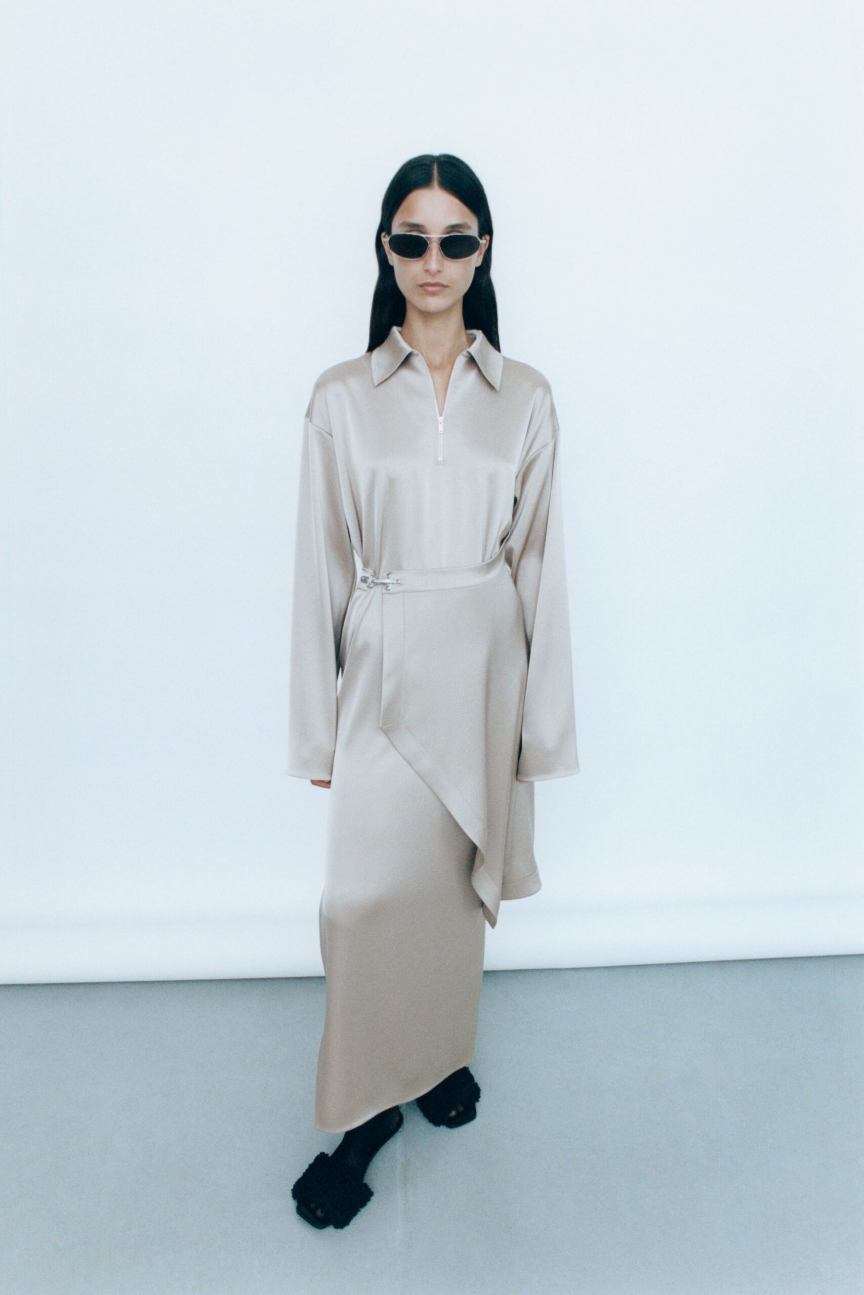 beige satin long-sleeve collared relaxed zippered belted dress