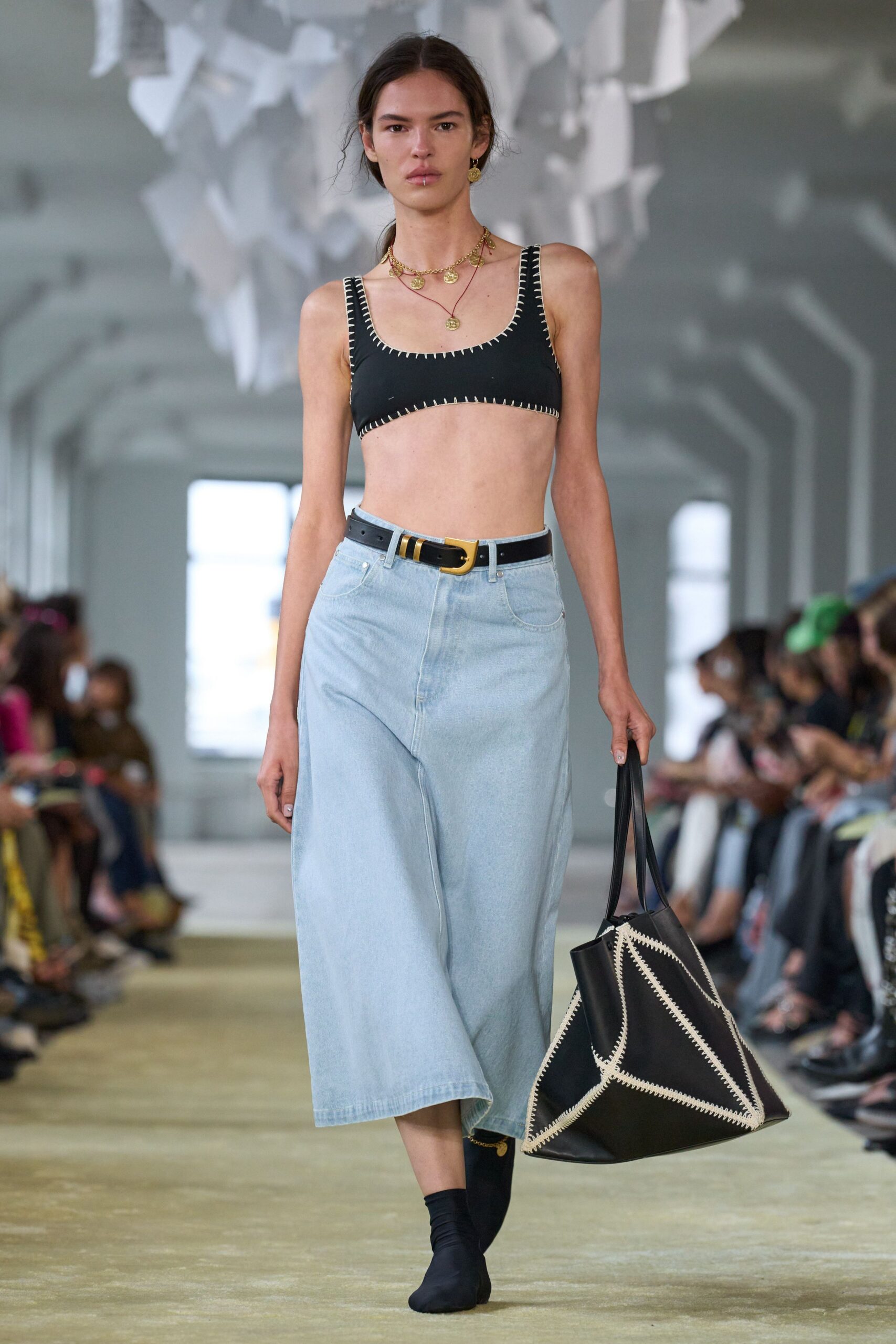 black crop-top and blue culottes