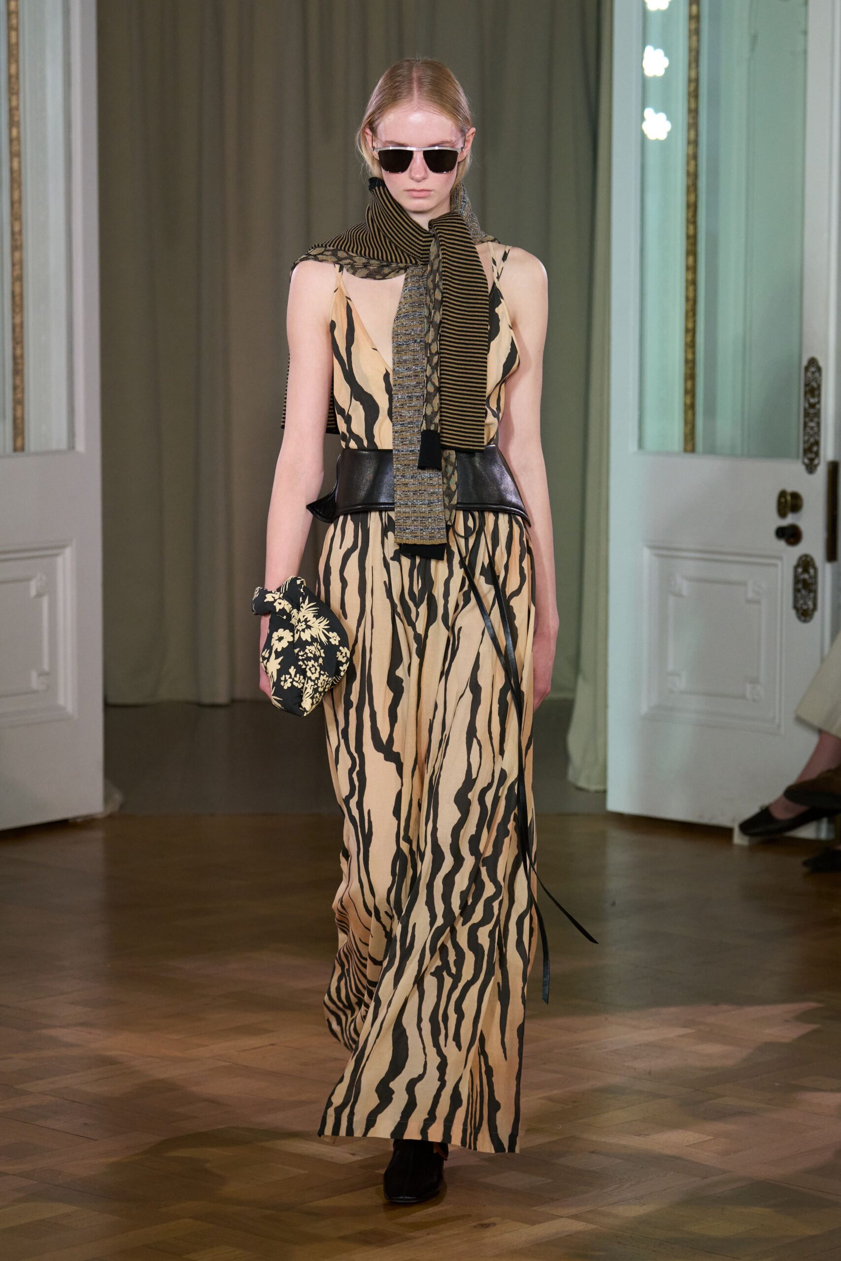 beige silk sleeveless v-neck fitted printed tiered dress