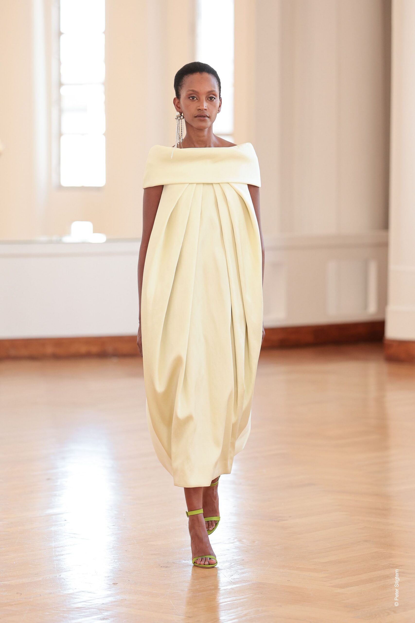 yellow silk sleeveless off-shoulder relaxed pleated flowing dress