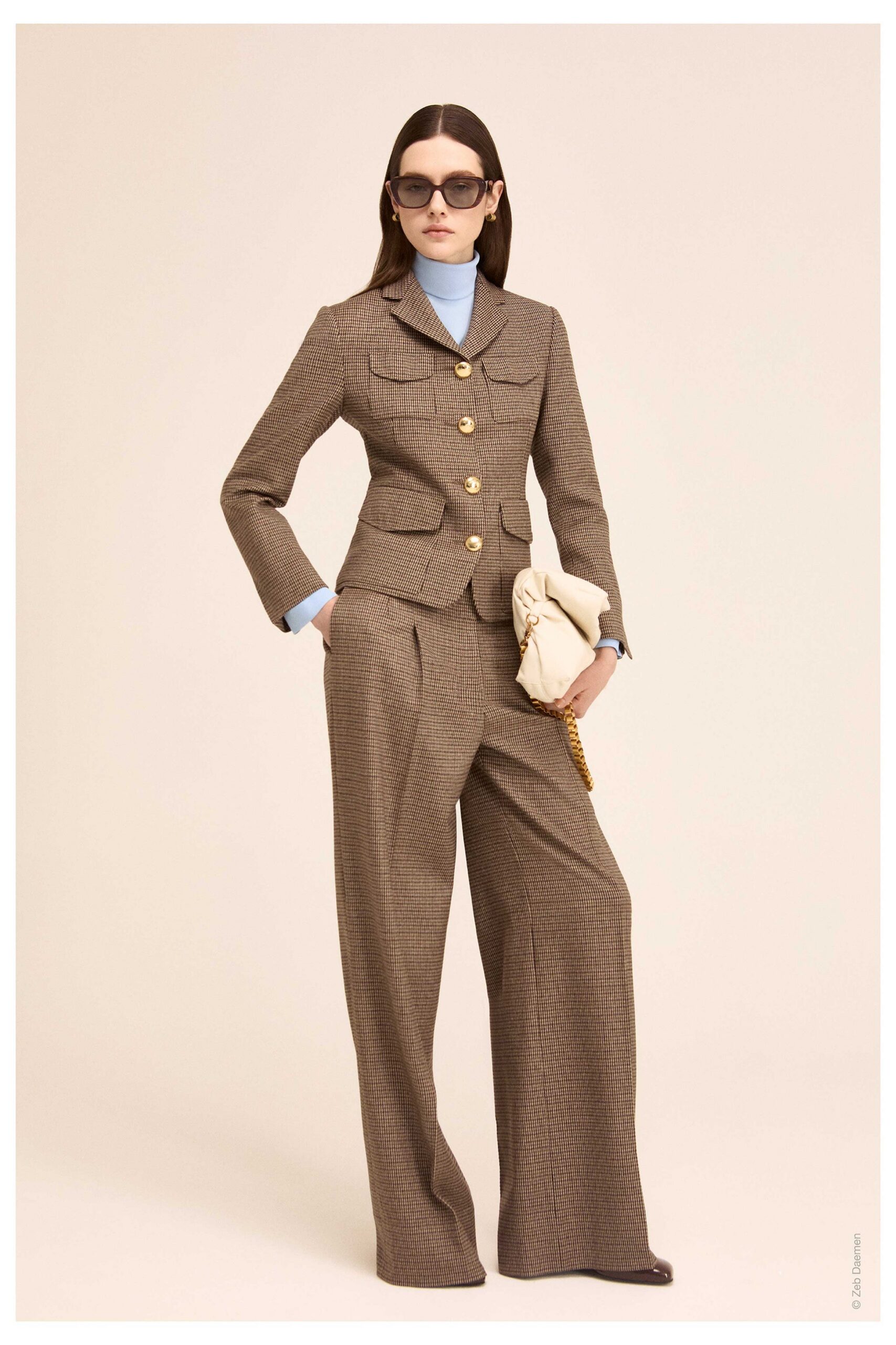 brown tweed long-sleeve collared tailored structured buttoned blazer
