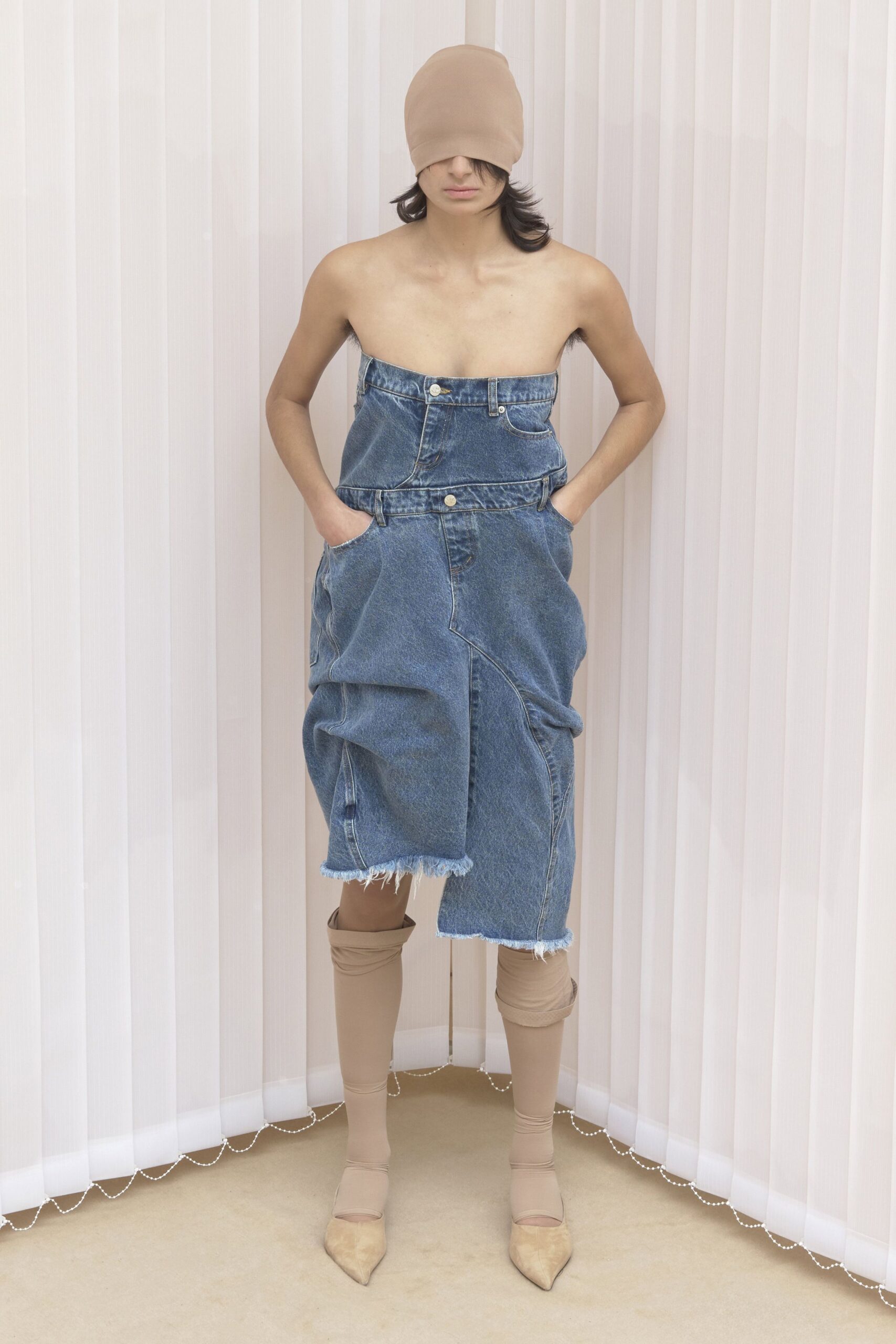 blue denim sleeveless collared relaxed fringed midi dress