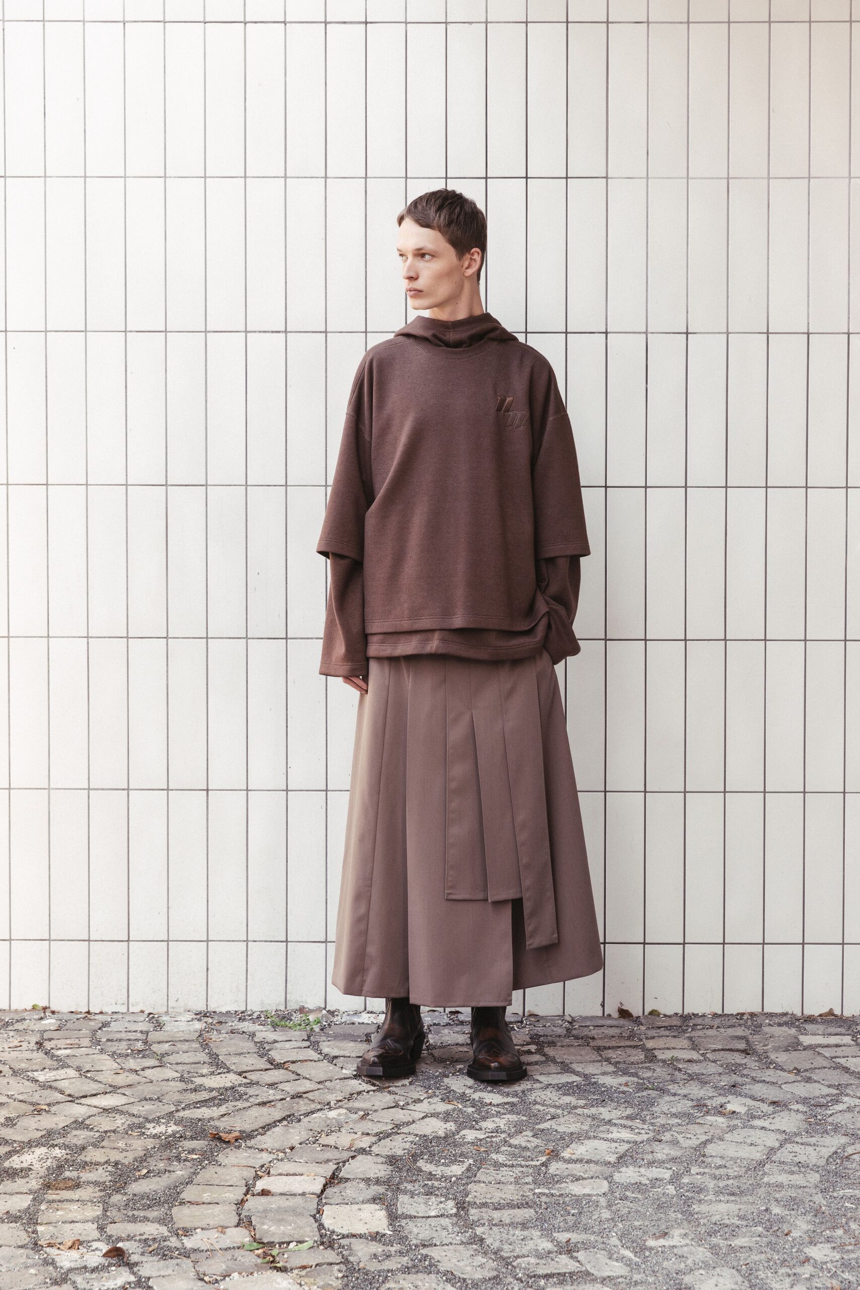 brown cotton long-sleeve hooded relaxed layered top