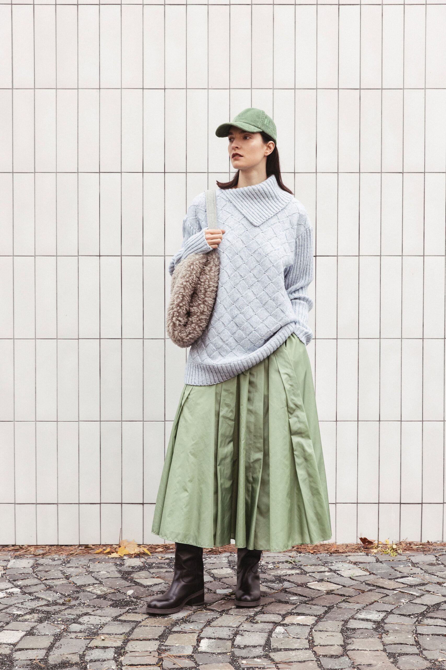 light blue sweater green midi skirt