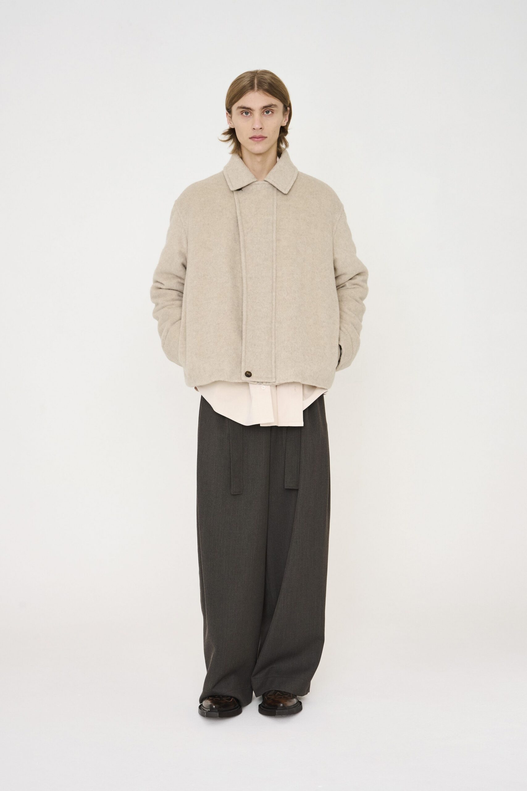 beige wool long-sleeve collared oversized jacket