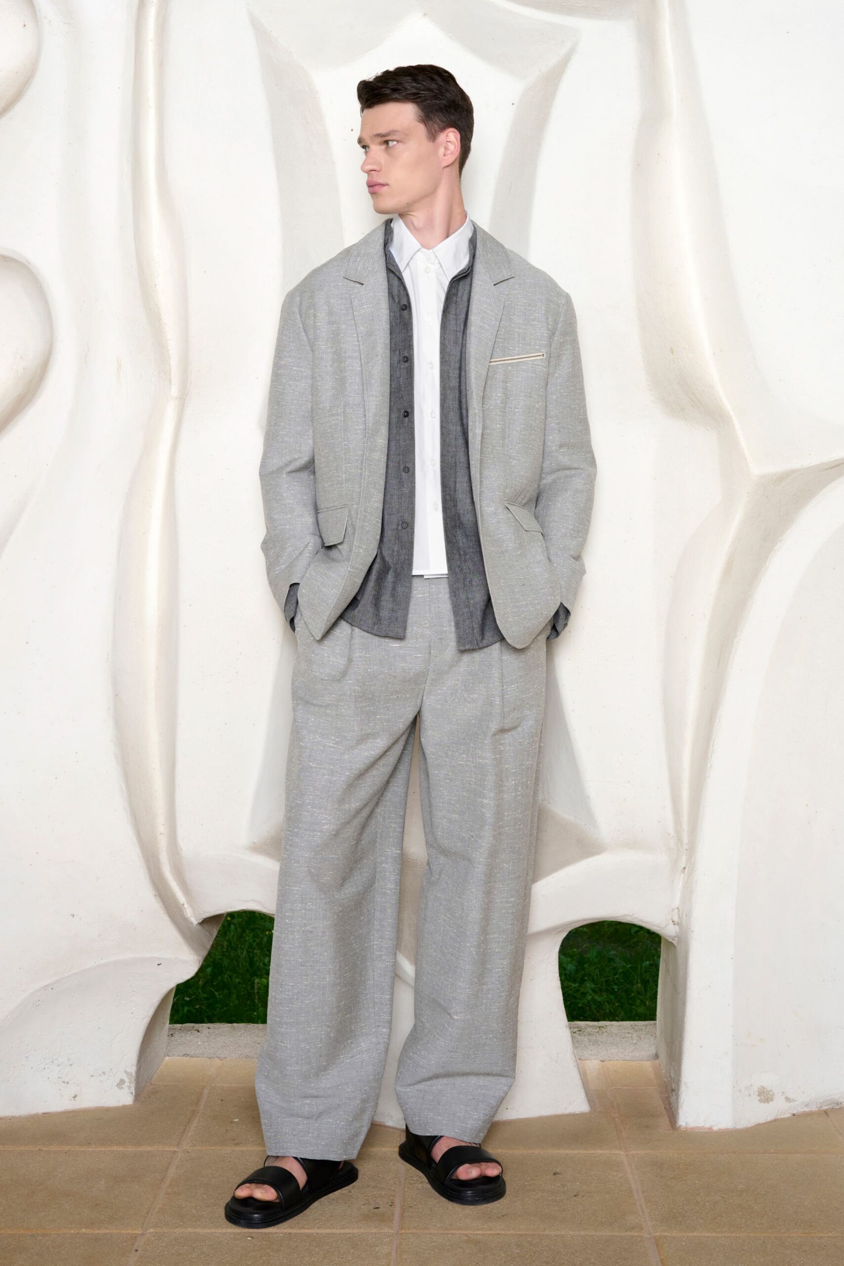gray linen suit with white shirt