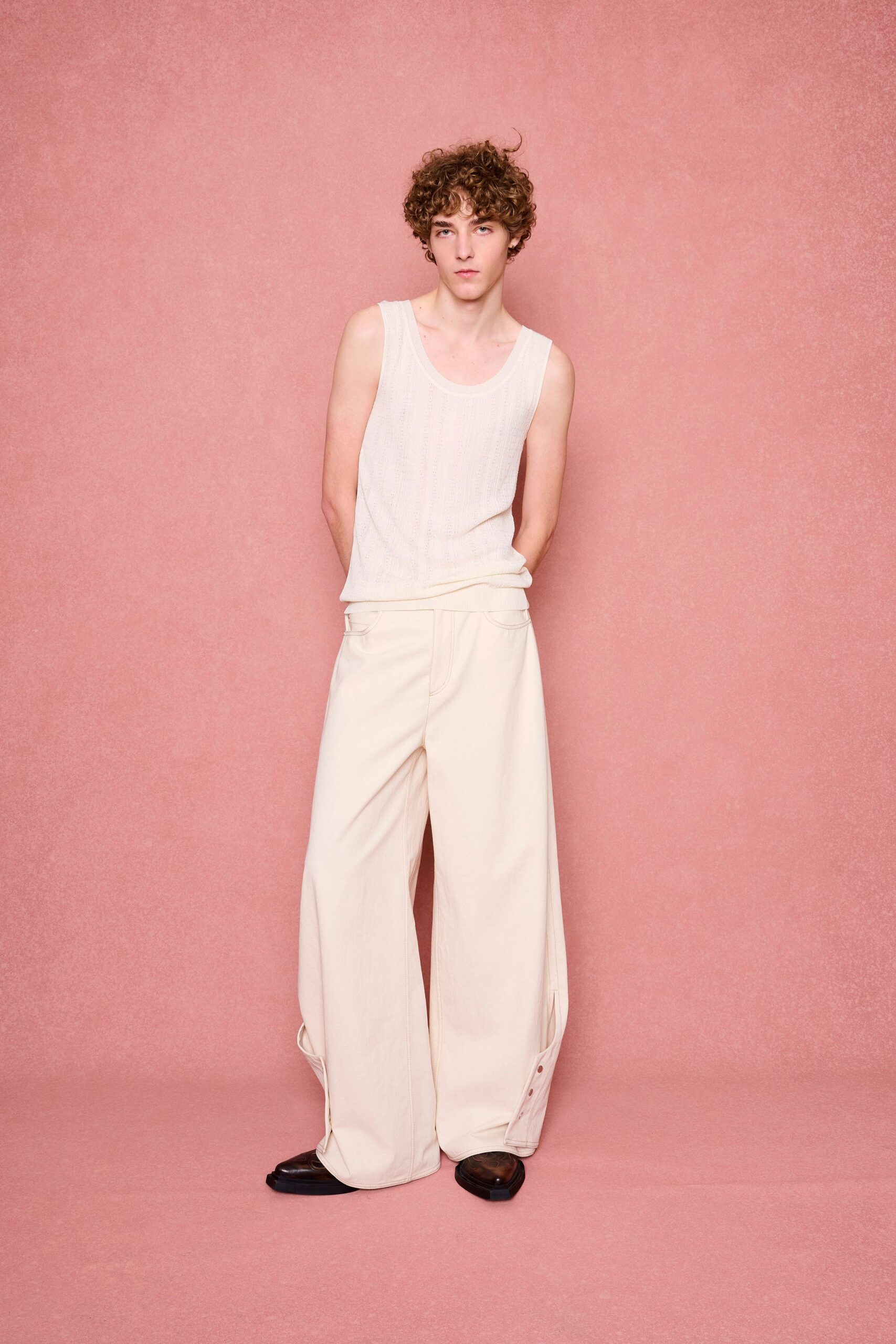 white tank-top beige wide-leg pants