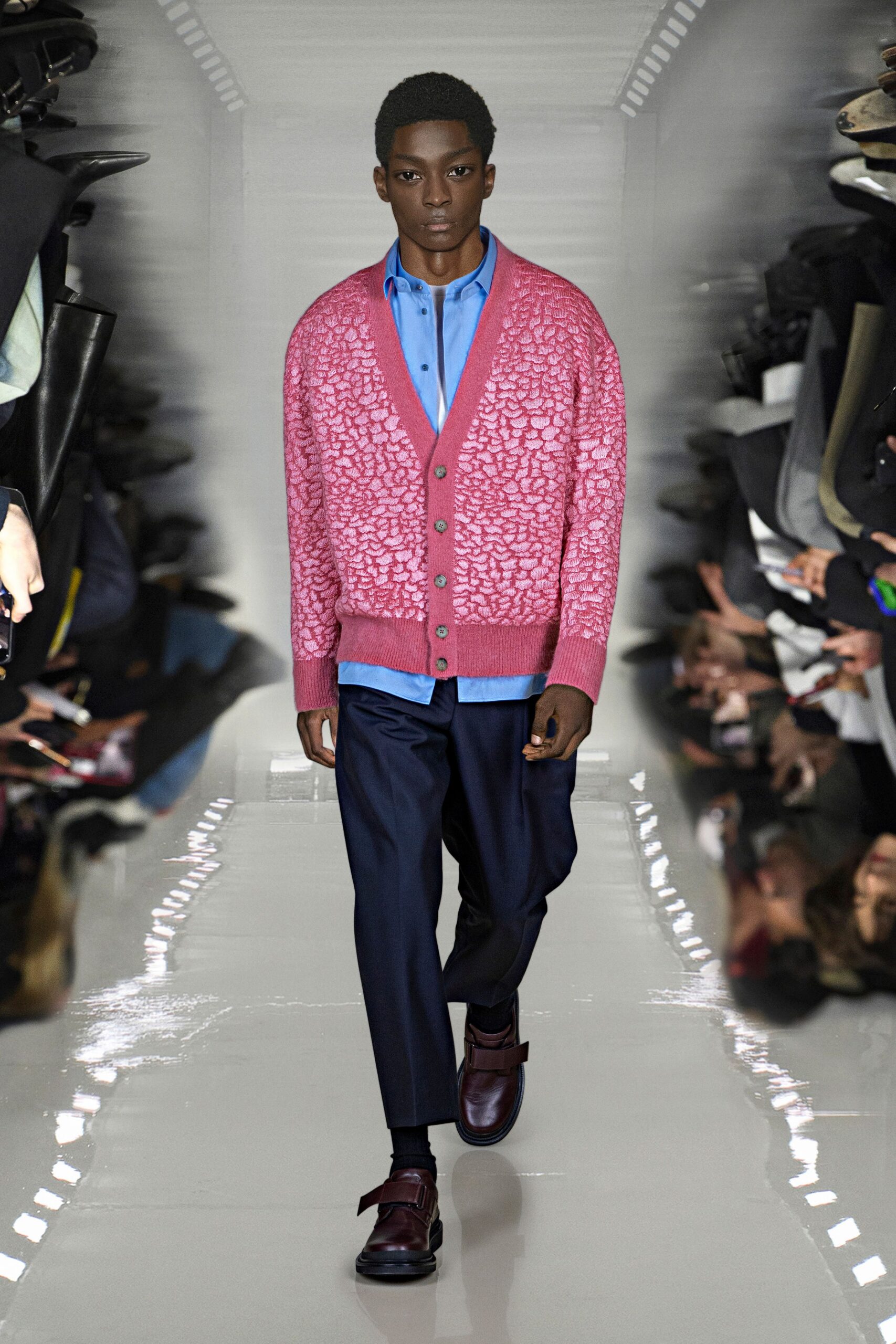 pink cardigan blue shirt tailored pants