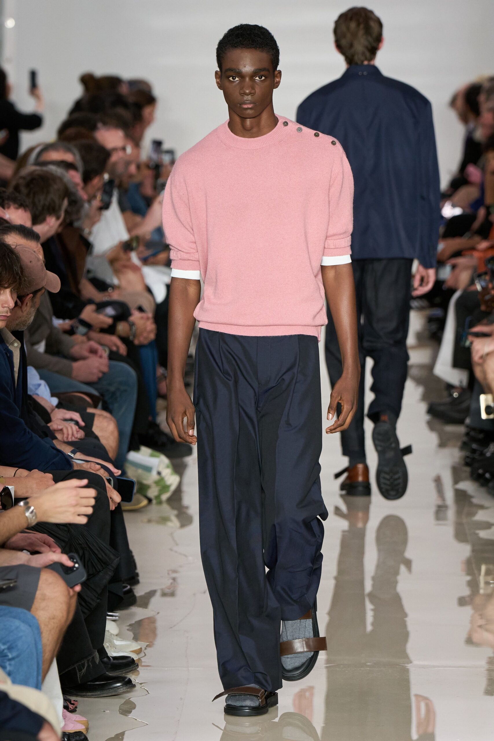 pink wool short-sleeve collared fitted buttoned sweater