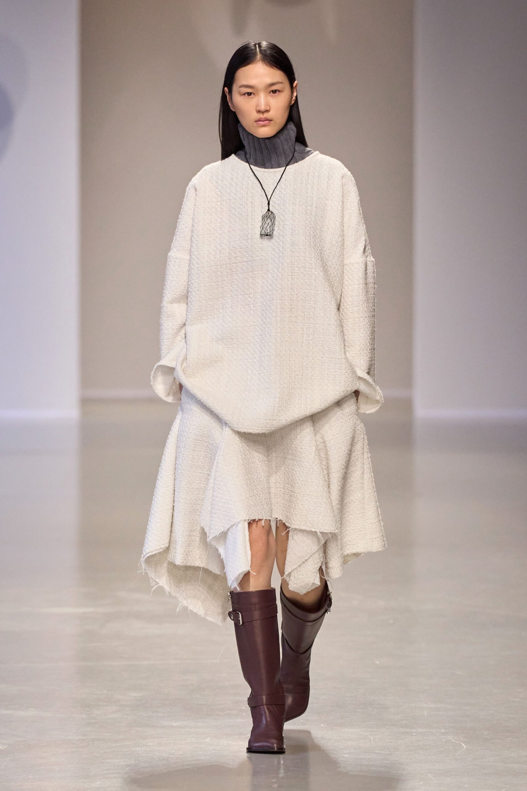 oversized white midi dress with brown boots